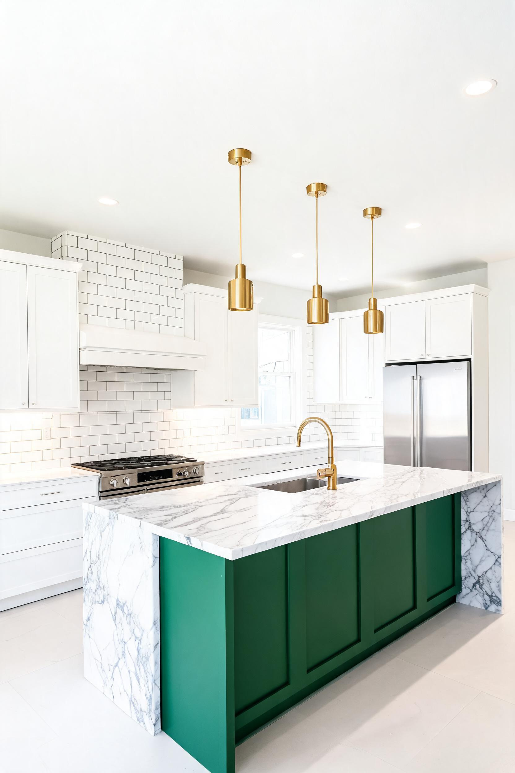 An emerald green island against white perimeter cabinets is one of the highest-impact single decisions in kitchen design — bold but contained, jewel-toned but grounded.