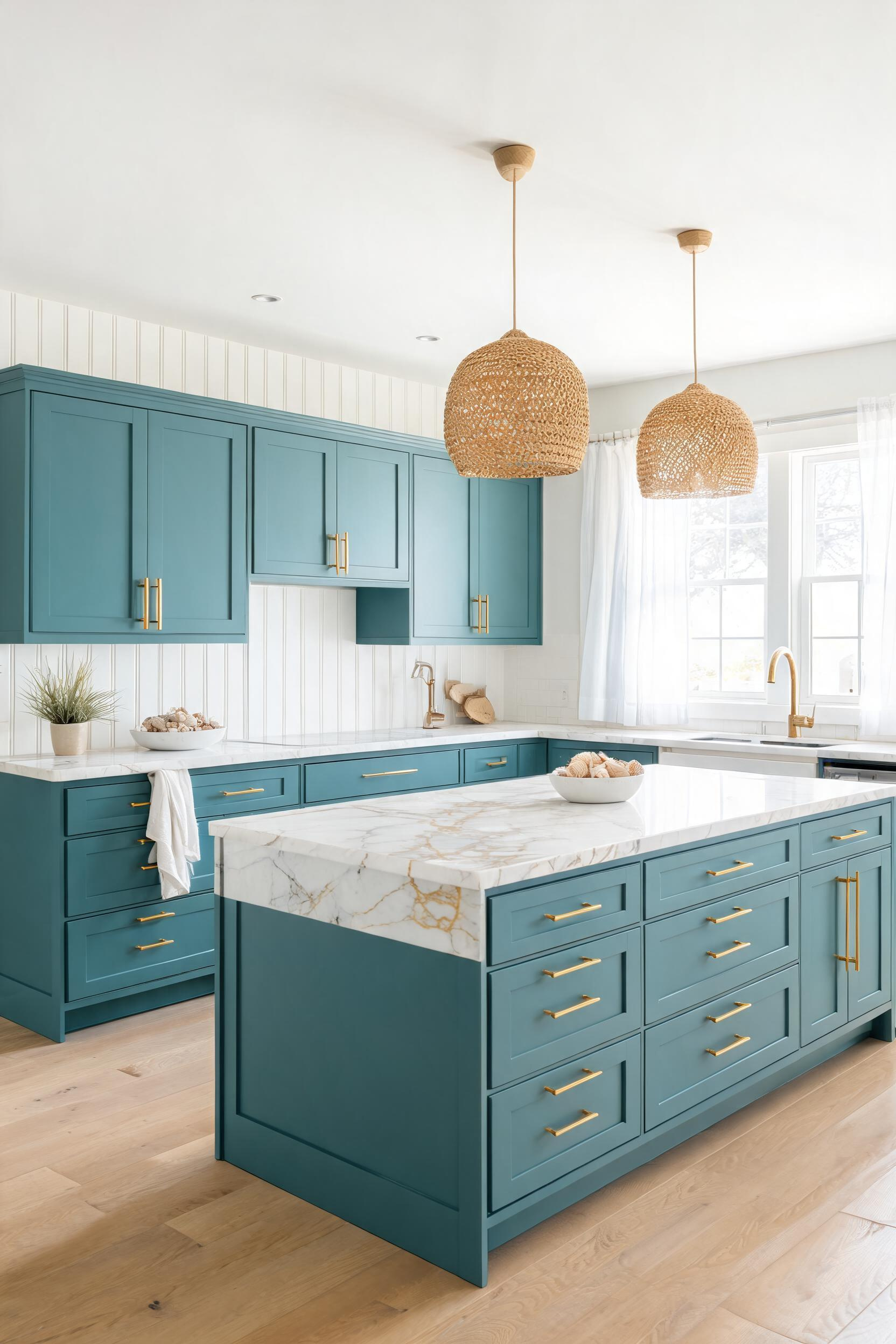 Teal kitchen cabinets straddle the boundary between green and blue, shifting in tone with the light and giving a kitchen a dynamic quality that reads differently at different times of day.