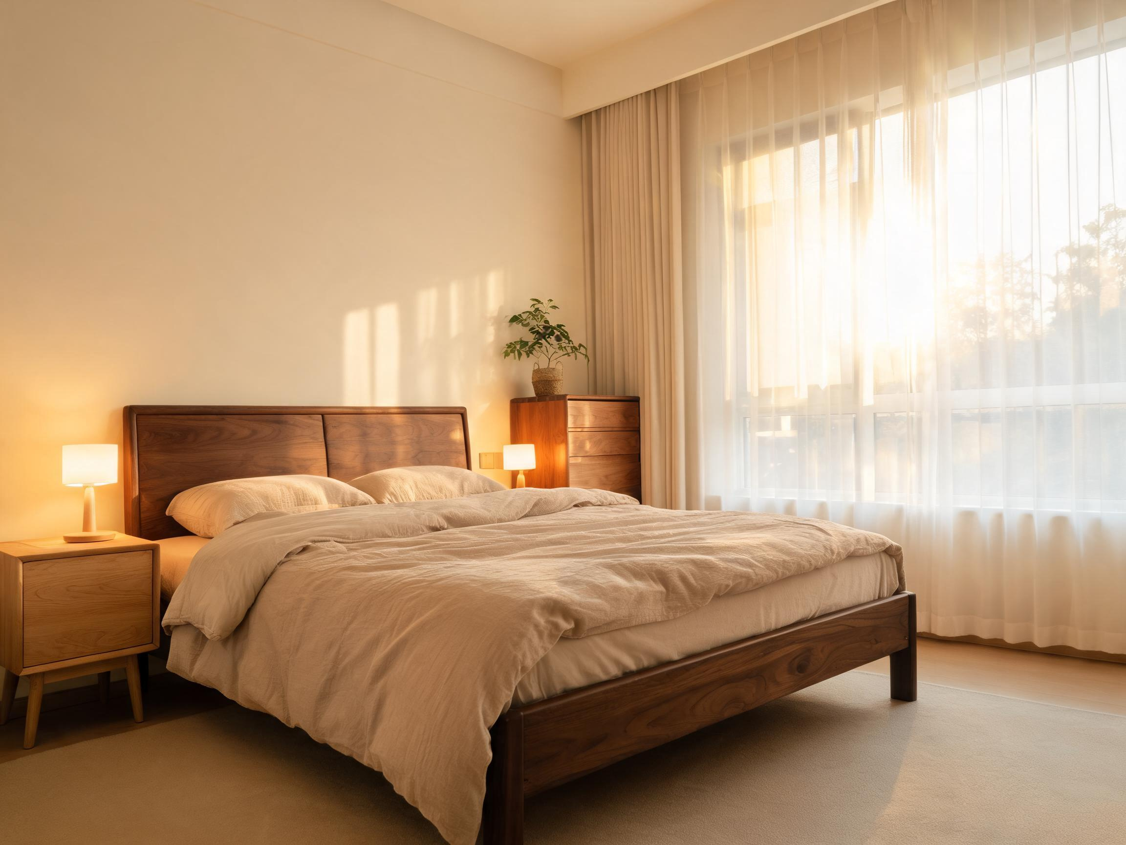 A curated bedroom with solid walnut, white oak, and teak furniture shows how mixing wood species — with the right tonal contrast — creates a space that looks collected and personal rather than catalogue-perfect.