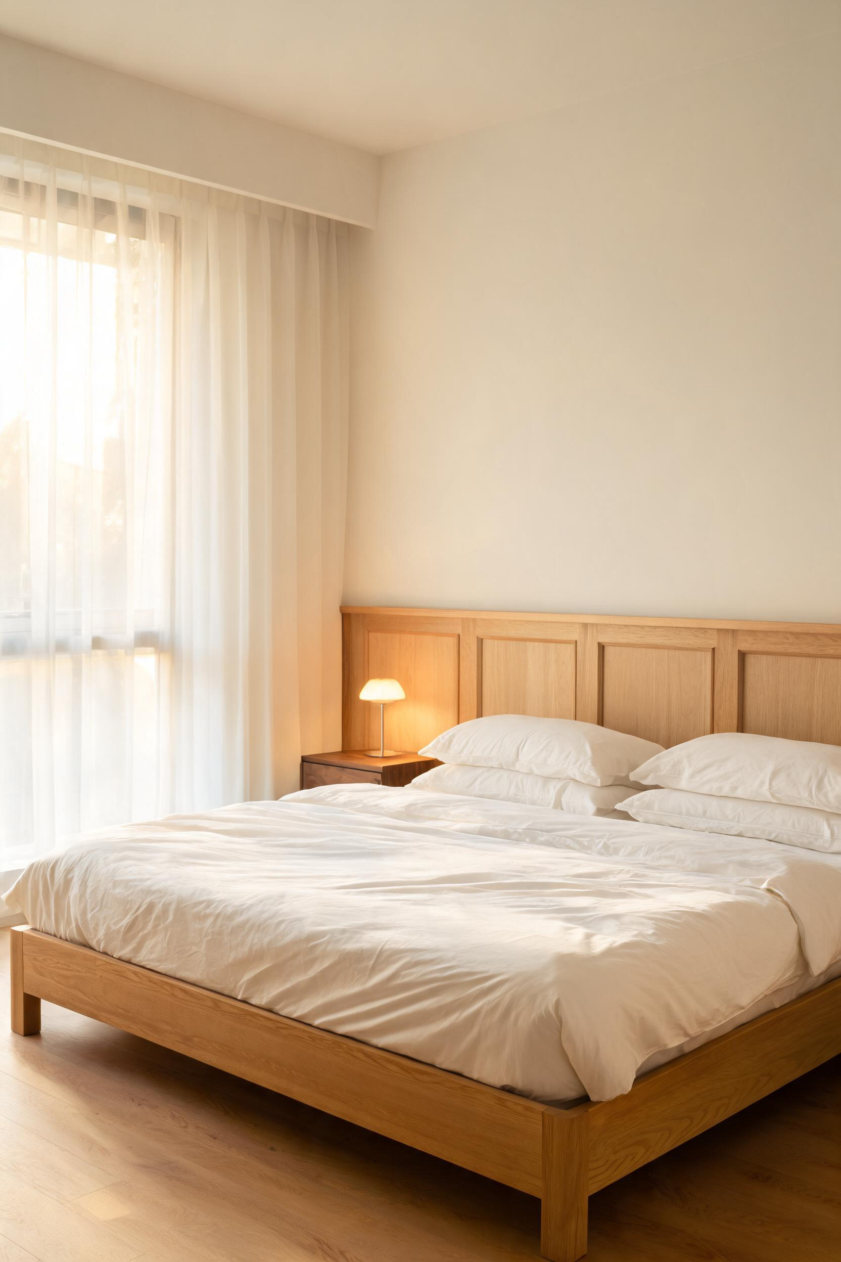 A white oak platform bed frame anchors the bedroom with natural warmth and grain texture that improves with every year of use.