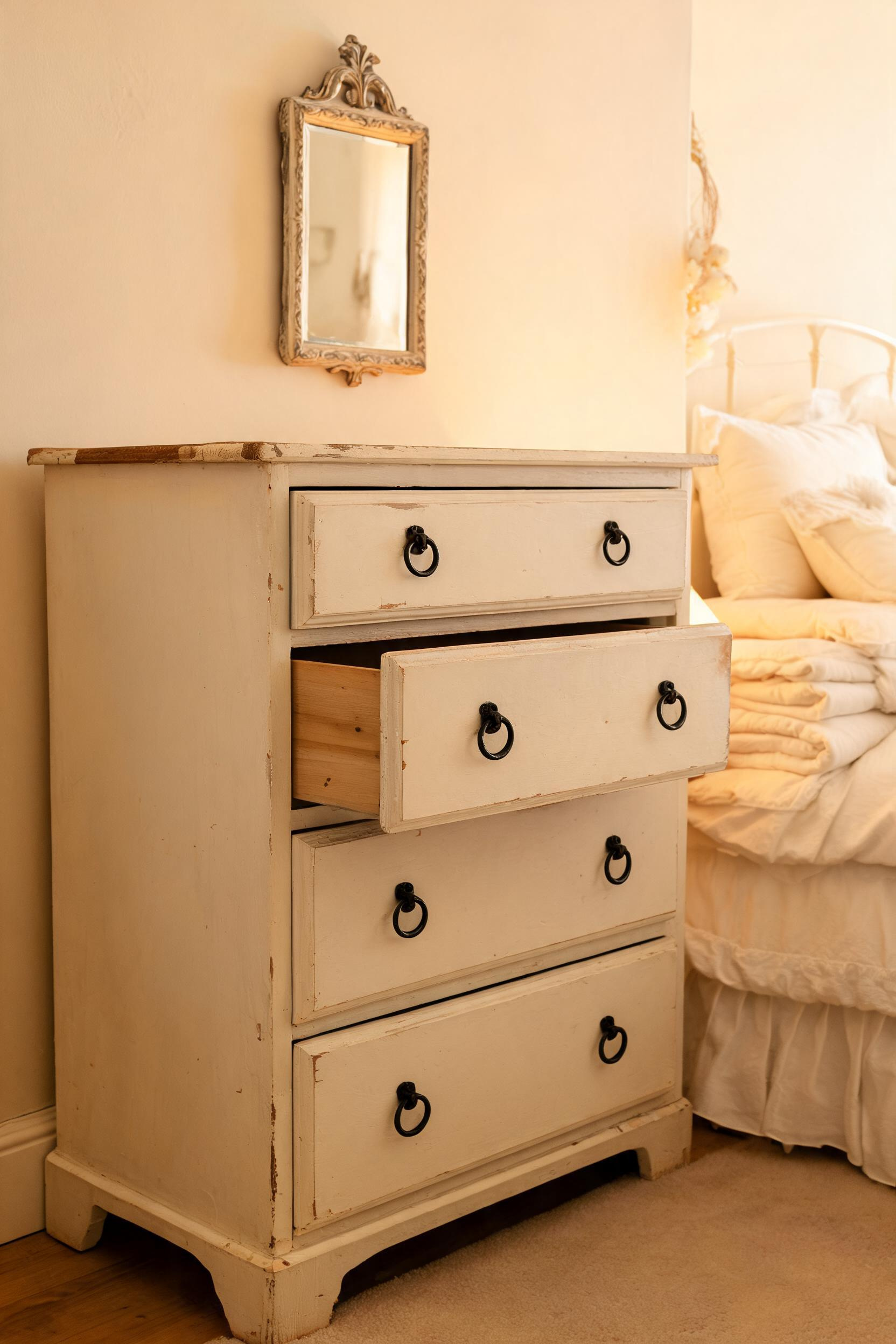 A pine chest of drawers in chalk paint with cast-iron hardware is one of the most affordable ways to bring genuine solid wood and period character into a bedroom.