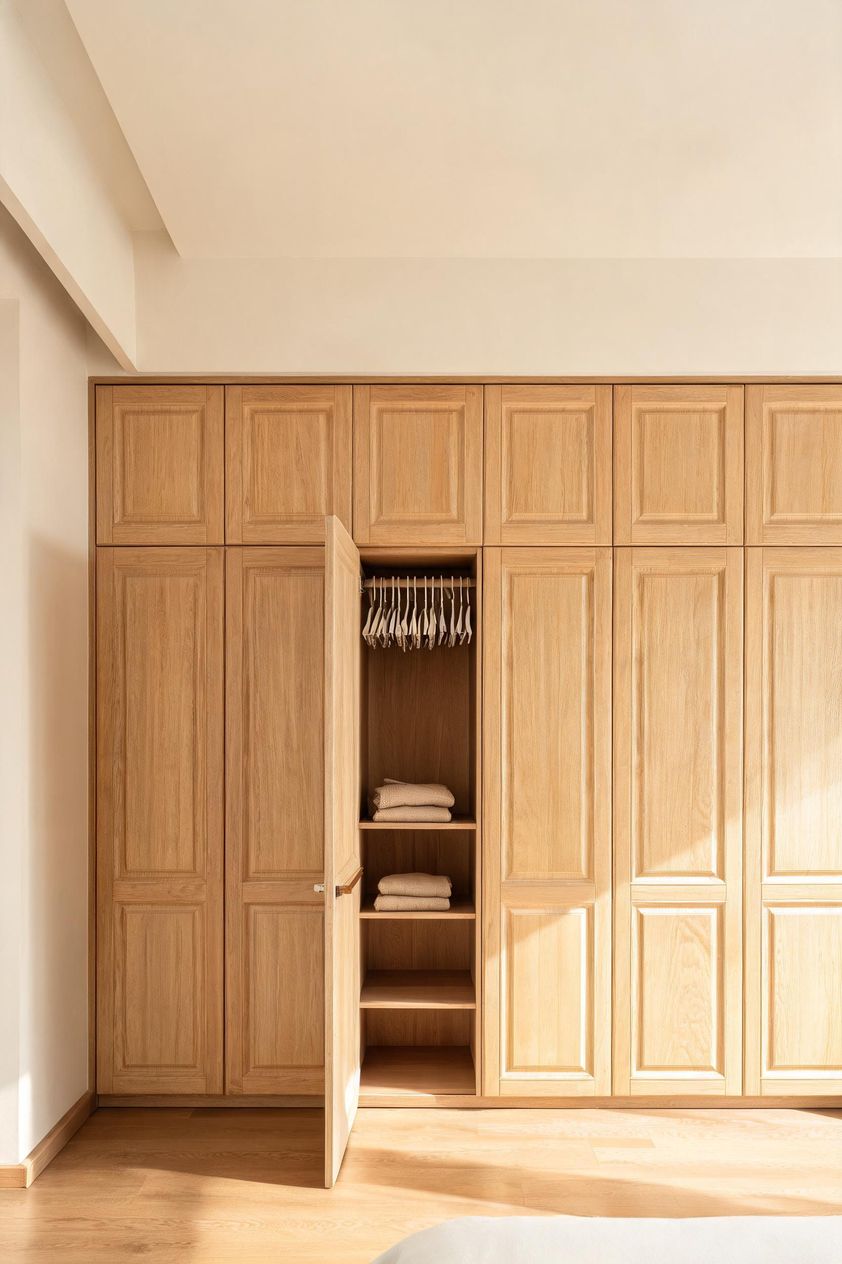 A floor-to-ceiling built-in wardrobe with solid wood shaker doors reads as genuinely custom and adds lasting value to any bedroom.