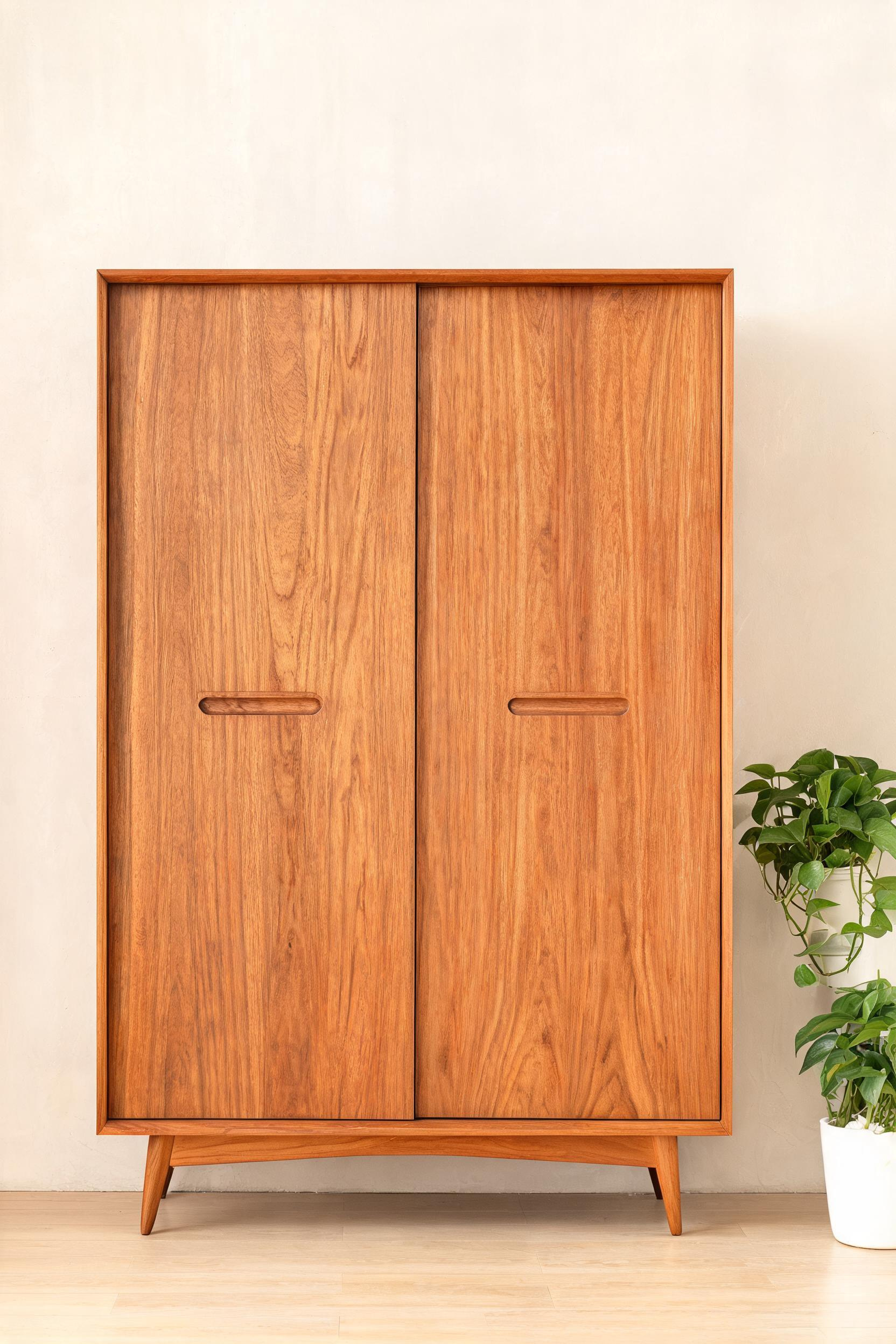 A Danish teak wardrobe from the 1960s combines structural integrity with a grain and warmth that modern reproduction furniture rarely matches.