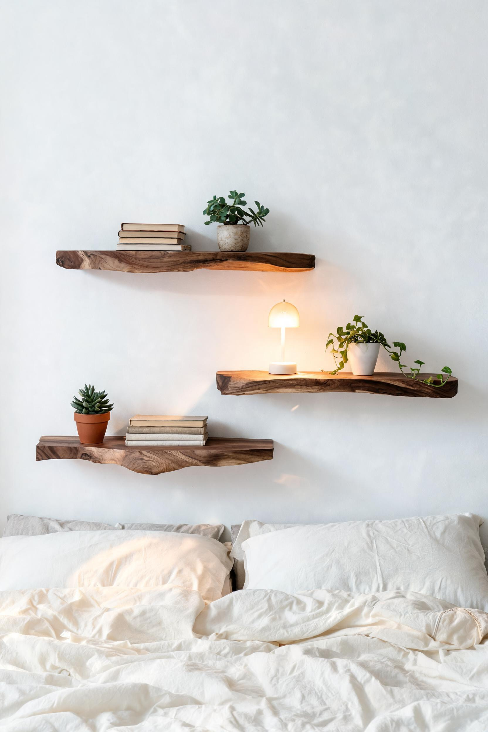 Floating wood shelves above the bed replace wall art, nightstands, and clutter all at once — and a good set of walnut shelves does it with more warmth than any framed print.