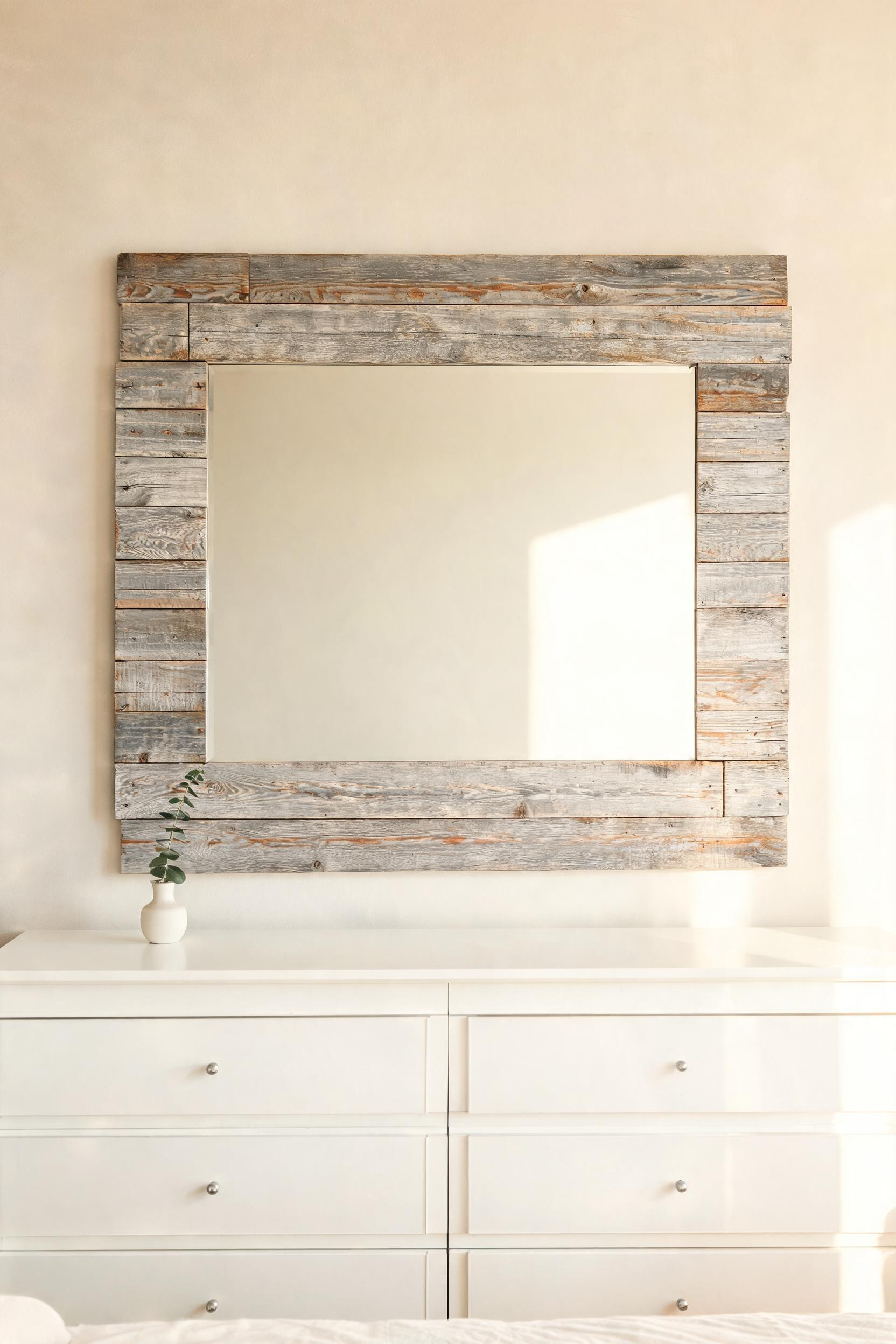 A reclaimed wood mirror frame is one of the most effective single-piece investments in a bedroom — it adds texture, age, and a focal point without requiring a full furniture commitment.