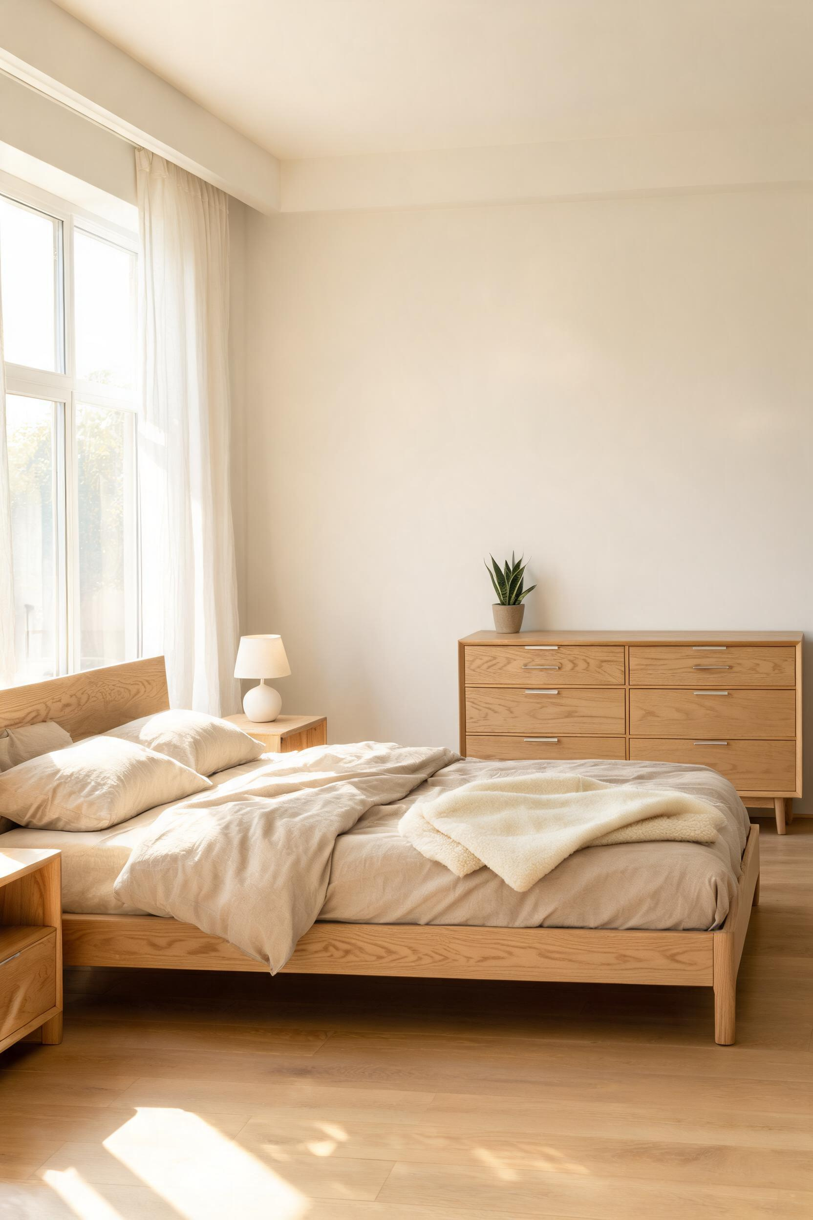 White oak's ray fleck grain and warm honey tone make it the ideal choice for Scandinavian-inspired bedrooms that want warmth without heaviness.
