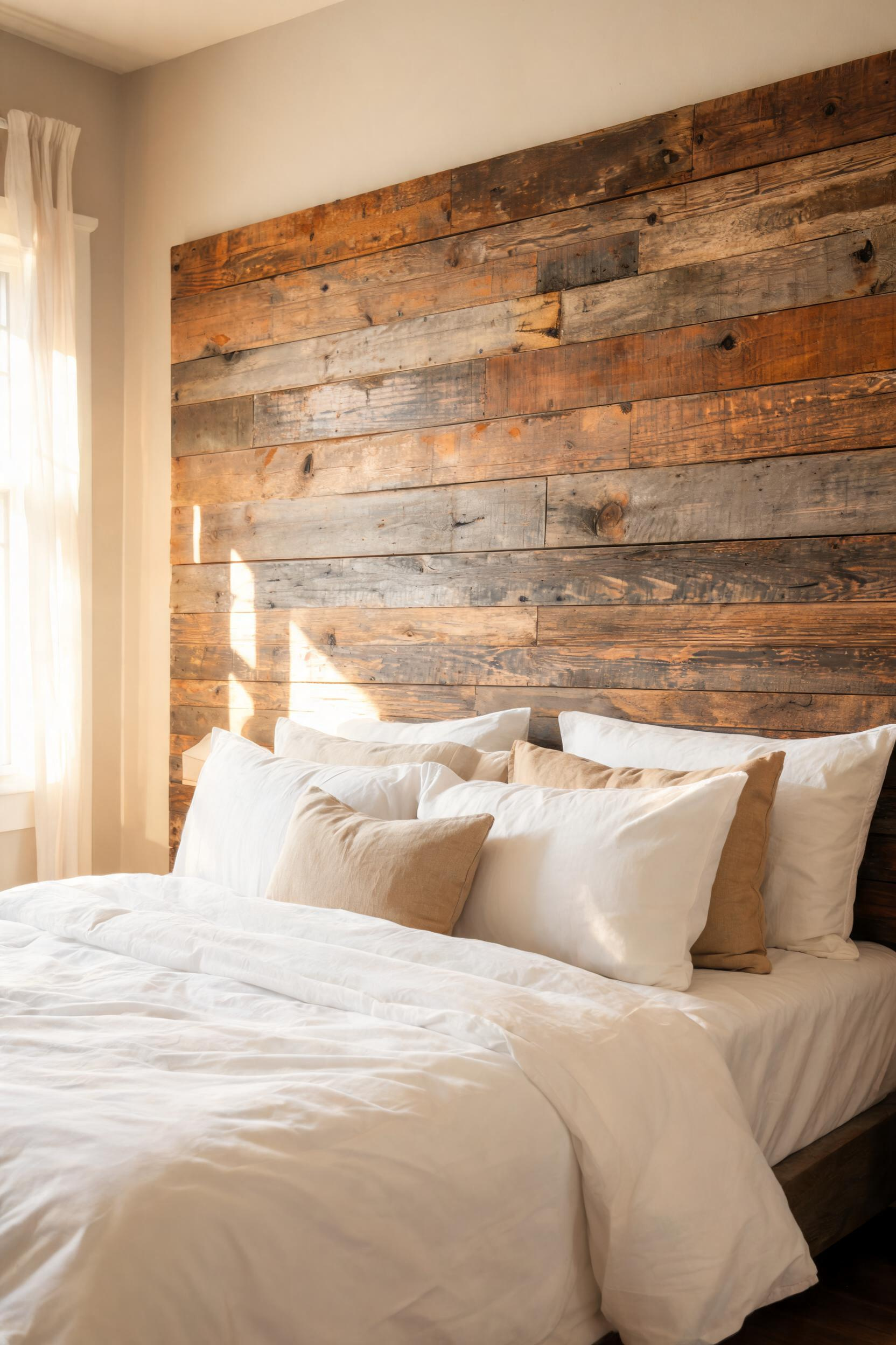 Reclaimed wood brings 50 to 100 years of character to a headboard — the silver-grey weathering and irregular grain are impossible to fake with new timber.