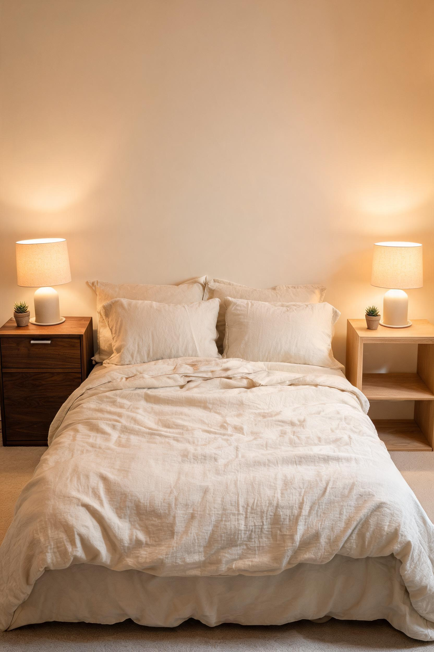 Deliberately mismatching wood species on nightstands — one walnut, one white oak — looks curated when the silhouettes match. It's a low-cost way to add depth to a wood bedroom.