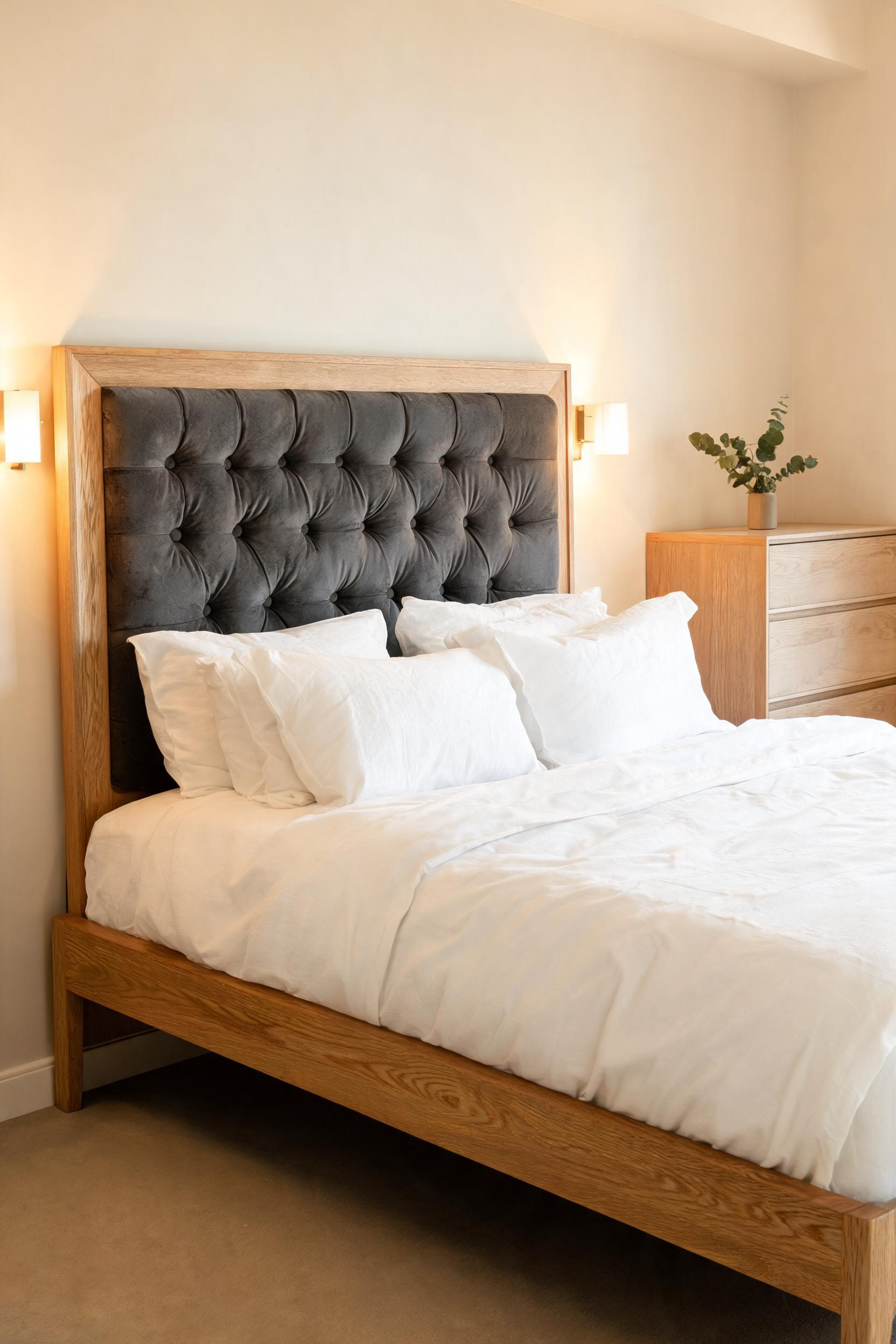 A solid timber frame with an upholstered headboard panel gives you the warmth of wood and the comfort of fabric — without having to choose between them.