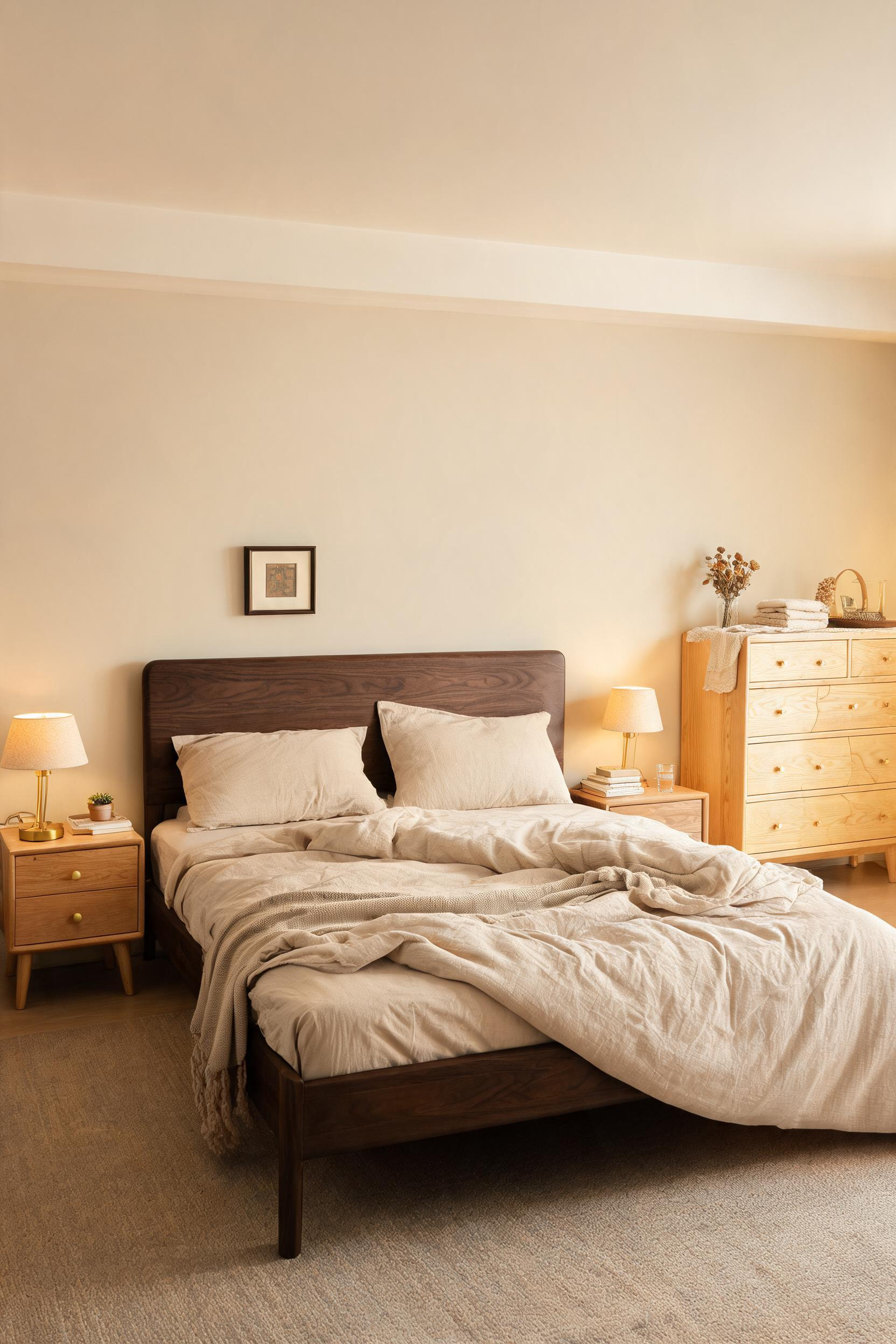 Mixing wood tones in a bedroom — dark walnut, lighter oak, and a contrasting pine piece — looks more personal and curated than a matched set, provided you follow the right tonal rules.