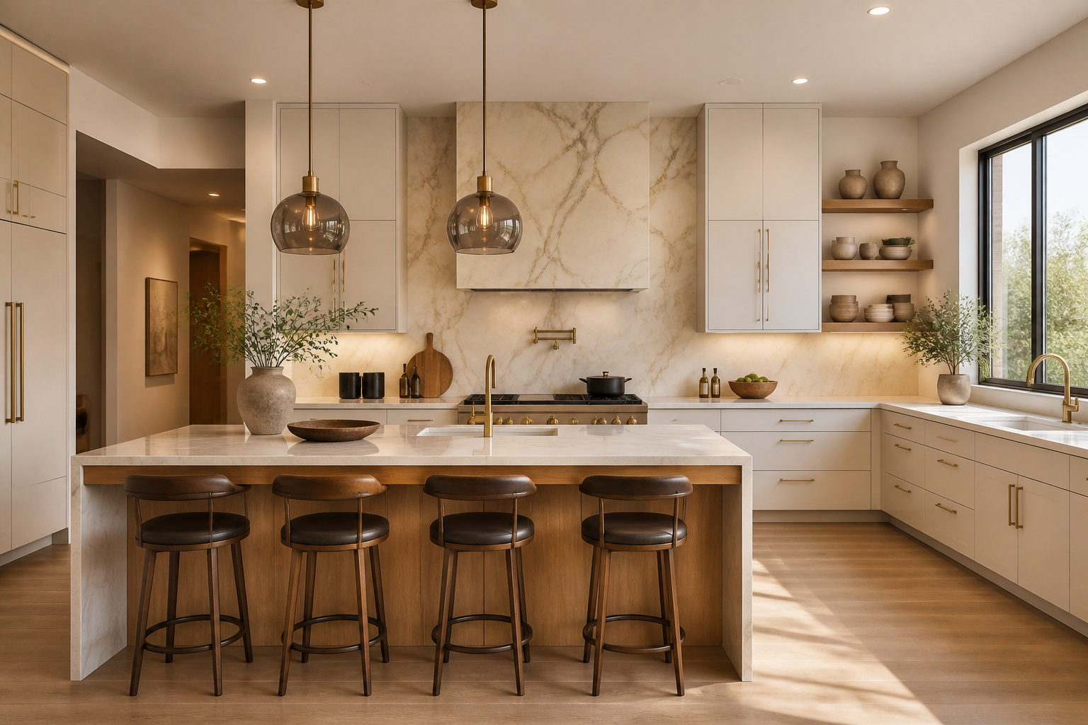 A modern open-plan kitchen where a large-format veined porcelain slab backsplash anchors the range wall — the scale and material continuity of the slab treatment transforms a functional surface into an architectural statement.