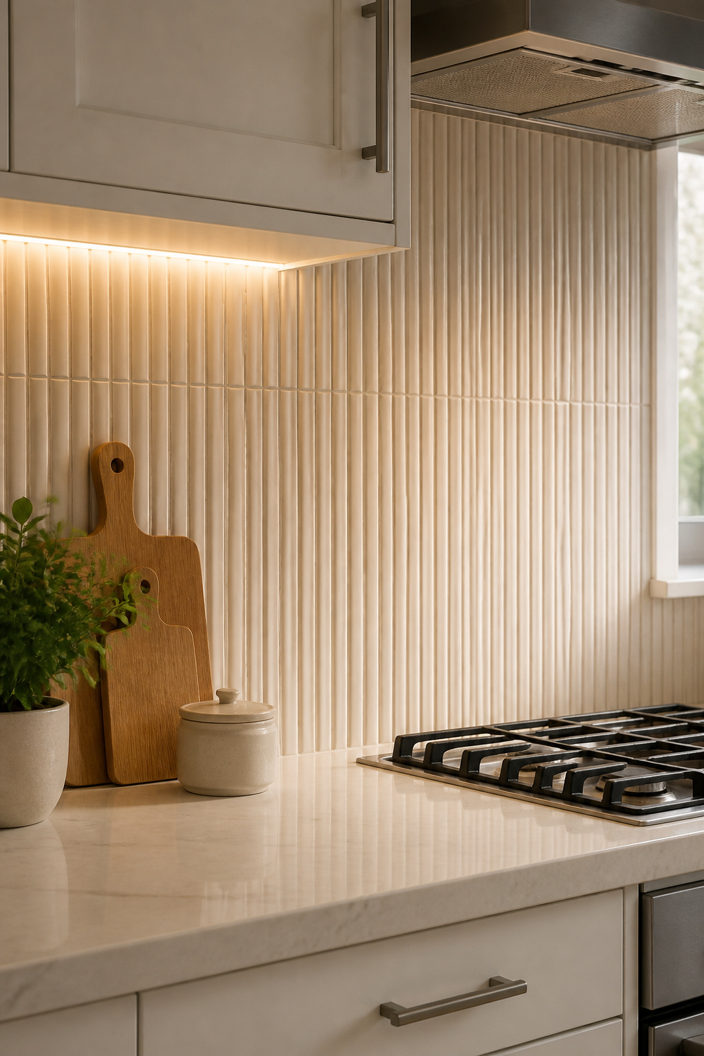 Fluted ceramic tiles as a modern kitchen backsplash — the 6mm projection depth catches under-cabinet lighting and casts a fine shadow pattern that shifts with the light source.
