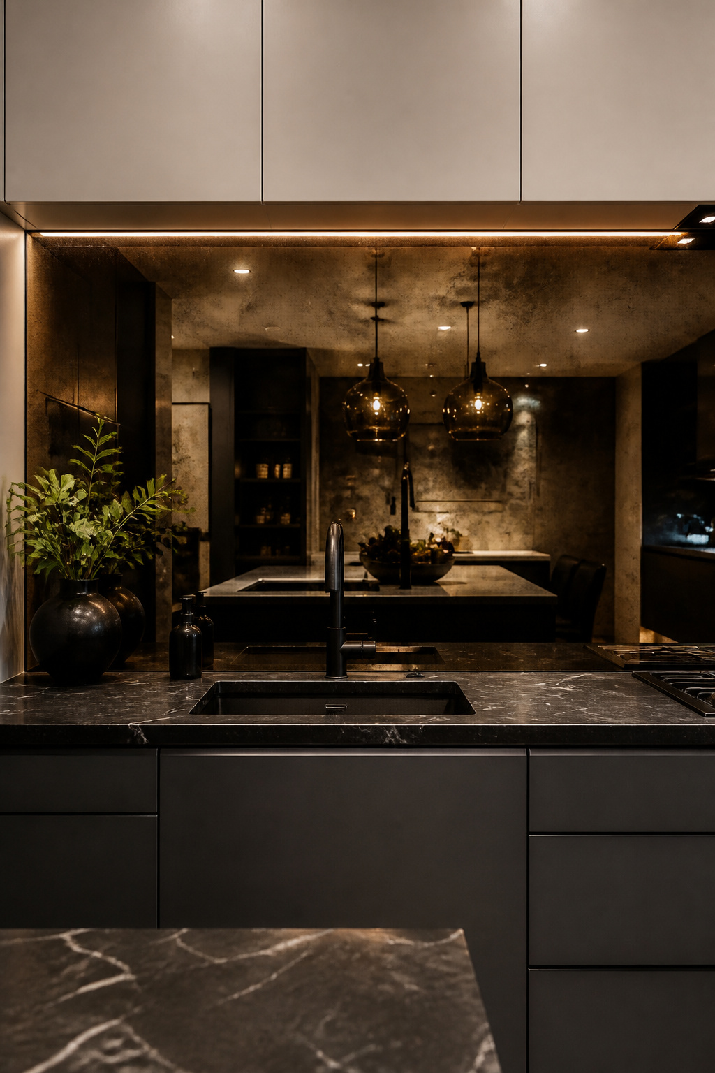 Smoked mirror with an antiqued patina as a full-height modern kitchen backsplash — the bronze tint reduces harsh reflection while maintaining the material's light-amplifying quality.