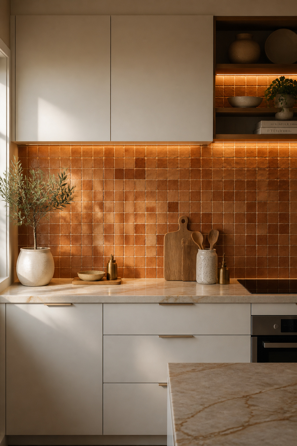 Handmade zellige terracotta tiles used as a kitchen backsplash — the reactive glaze and surface variation create a living quality that manufactured tiles can't match.