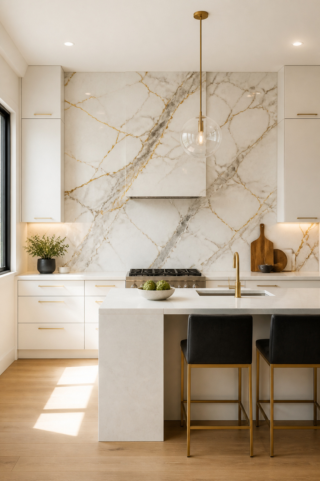 A Calacatta Gold marble slab used as a full-height modern kitchen backsplash — the bold veining at eye level makes the material the undisputed focal point of the room.
