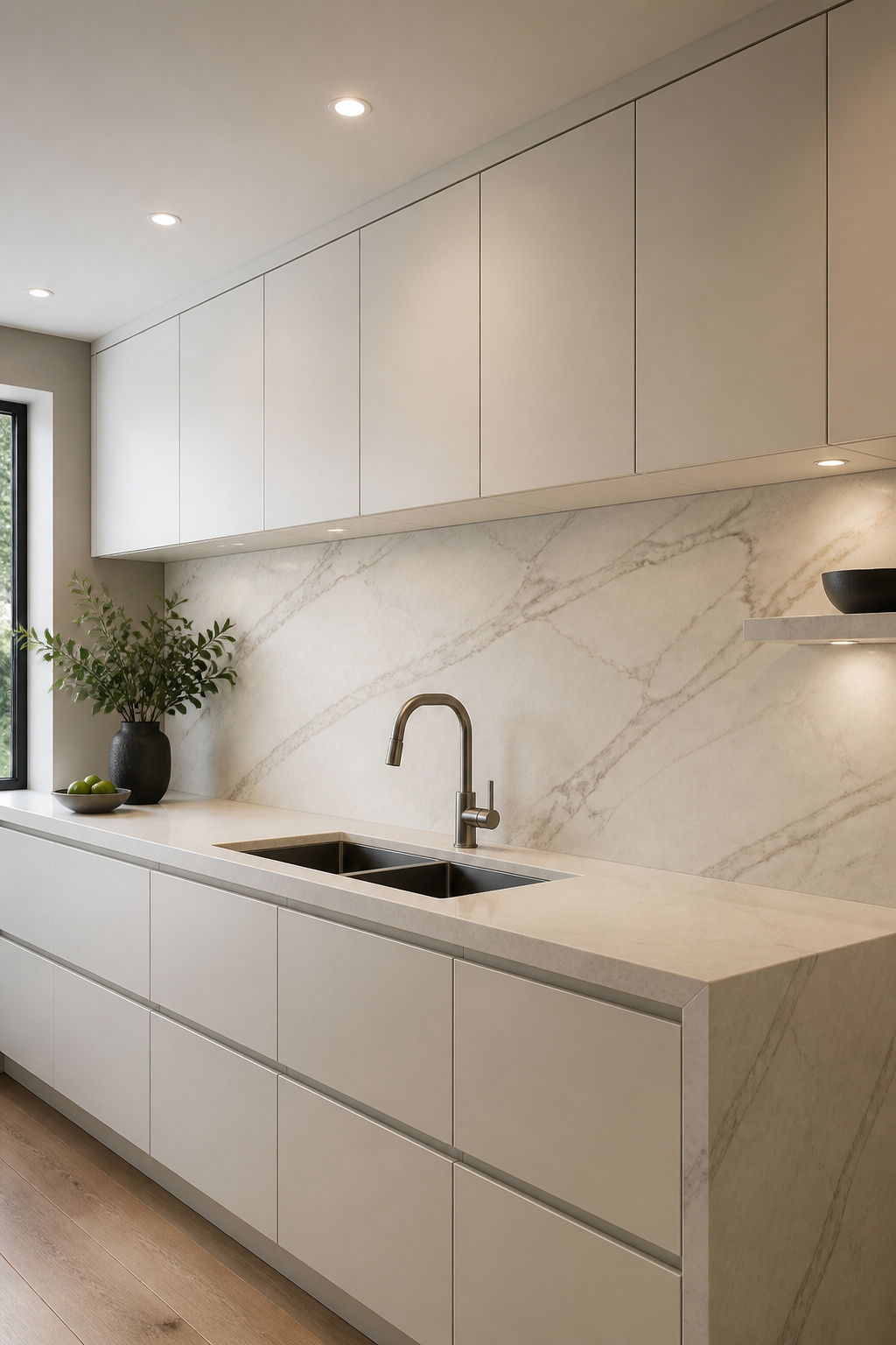 A single run of large-format veined porcelain slab used as a modern kitchen backsplash — near-absent grout lines let the material carry all the visual weight.
