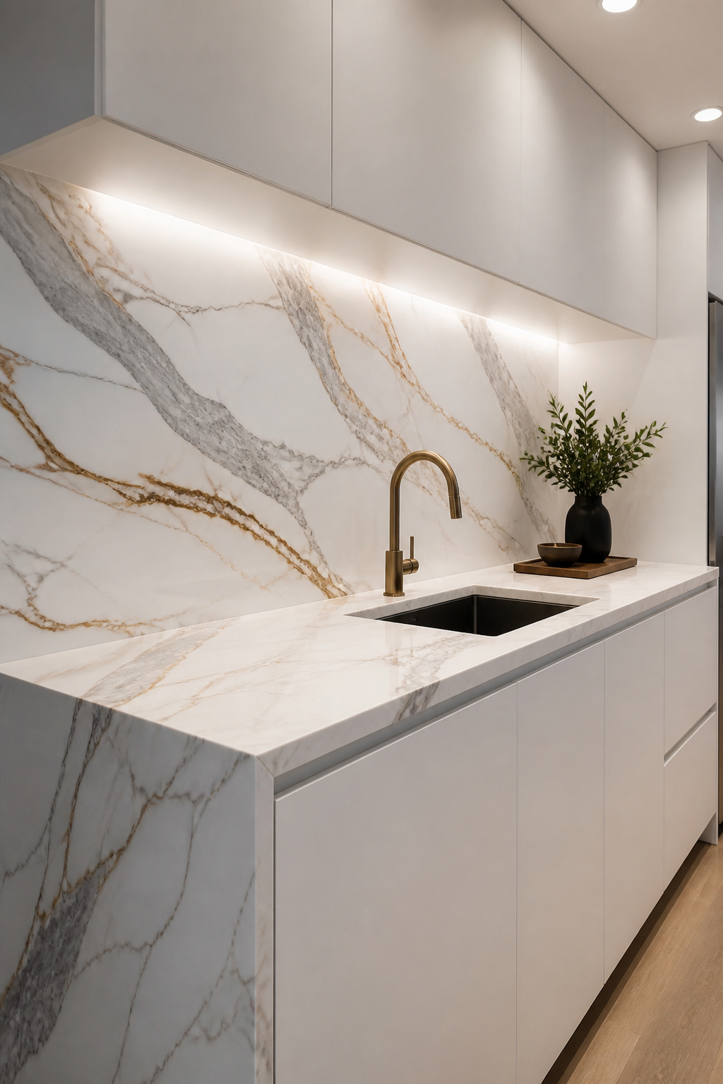 A continuous run of veined quartz used as both countertop and modern kitchen backsplash — the material flows from horizontal to vertical without interruption.