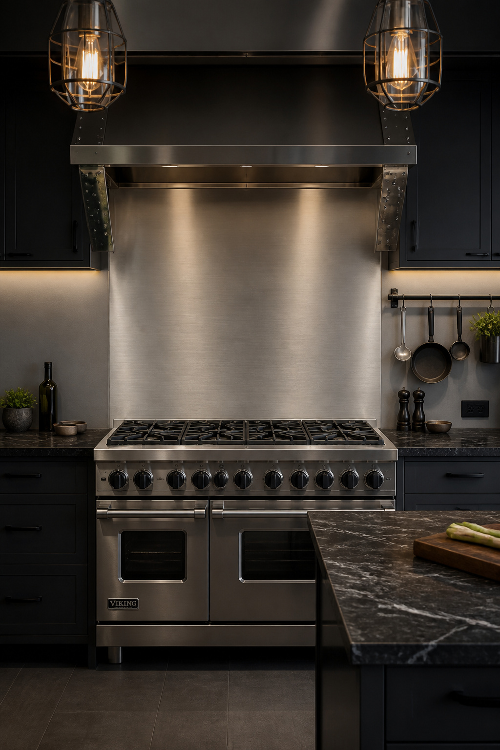 A brushed stainless steel sheet backsplash — the same material logic professional kitchens have used for decades, adapted to a residential space with flat-front cabinetry and matte black hardware.
