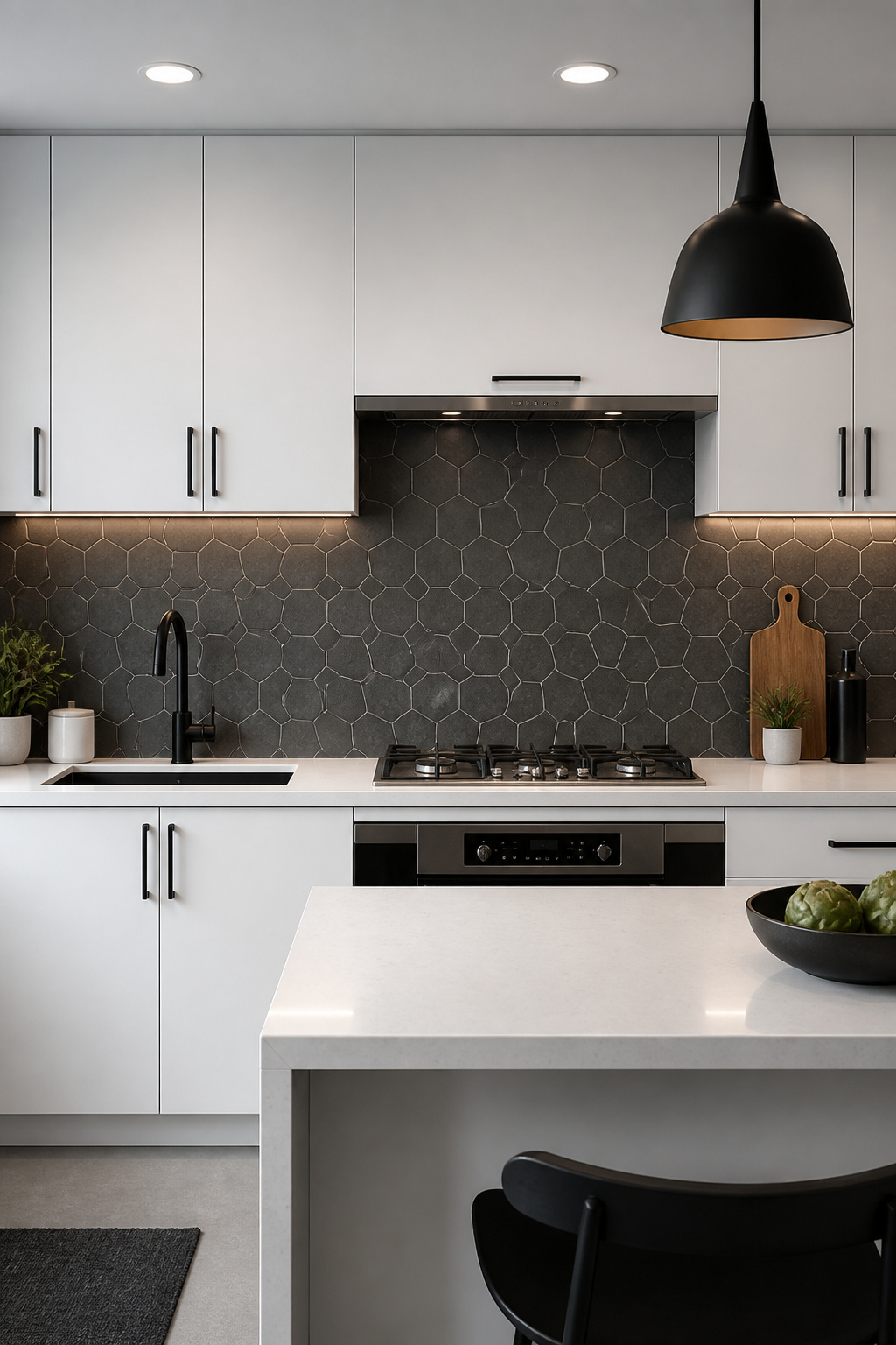 Four-inch charcoal porcelain hexagons in a flat-side-up orientation — bold enough to read as a design decision from across the room, fine enough not to dominate.