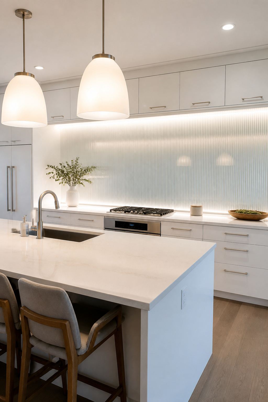 Ribbed glass panels as a modern kitchen backsplash, illuminated by under-cabinet LED strips — the parallel channels scatter light across the full surface, creating a distributed glow rather than a point-source reflection.