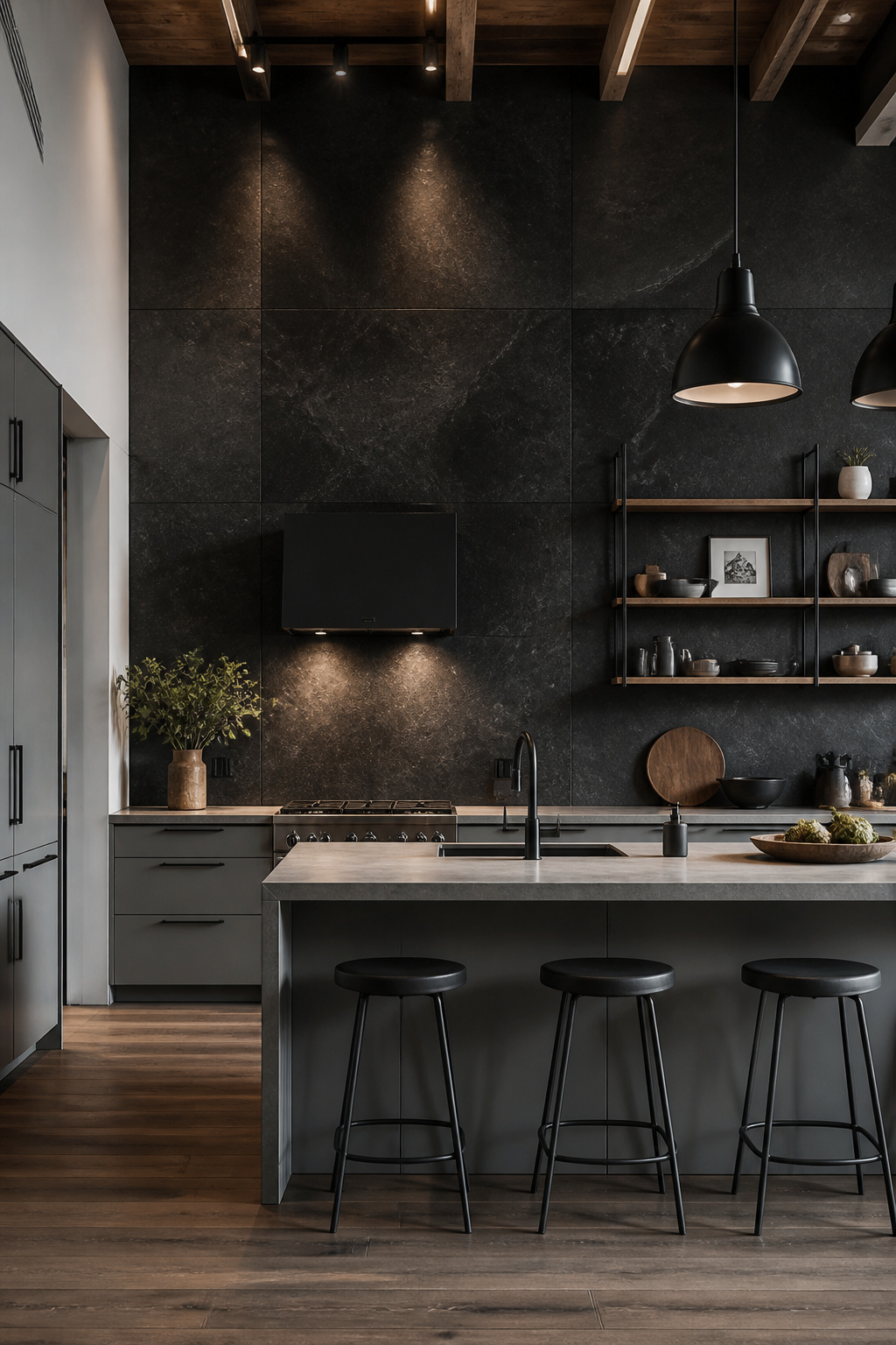 Honed basalt stone slabs as a full-height modern kitchen backsplash in an urban kitchen — the near-black volcanic stone brings material authority to a space with flat gray cabinets and concrete countertops.