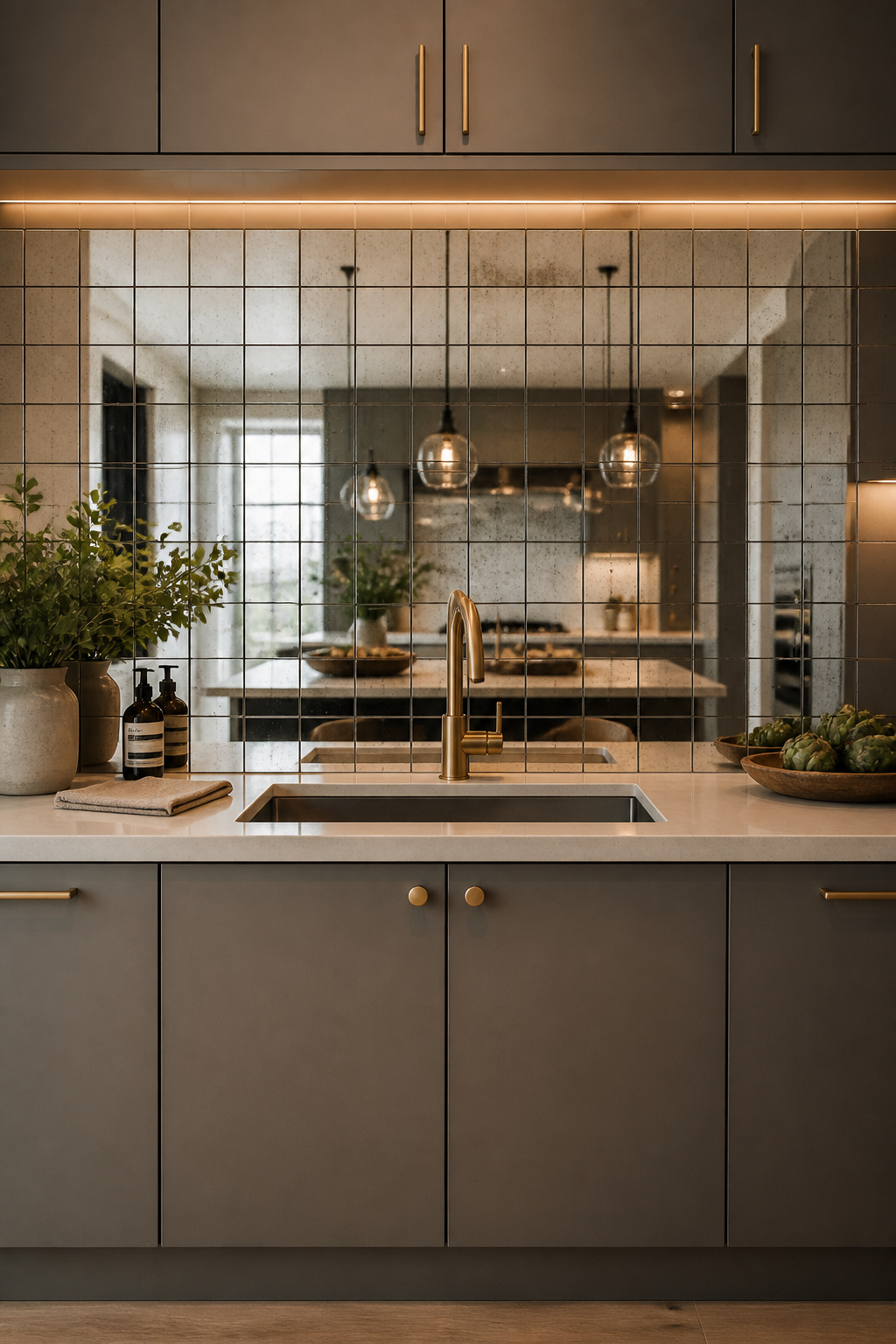 Antiqued mirror tiles as a modern kitchen backsplash in a narrow galley — the reflective quality doubles perceived width and bounces light through the entire space.