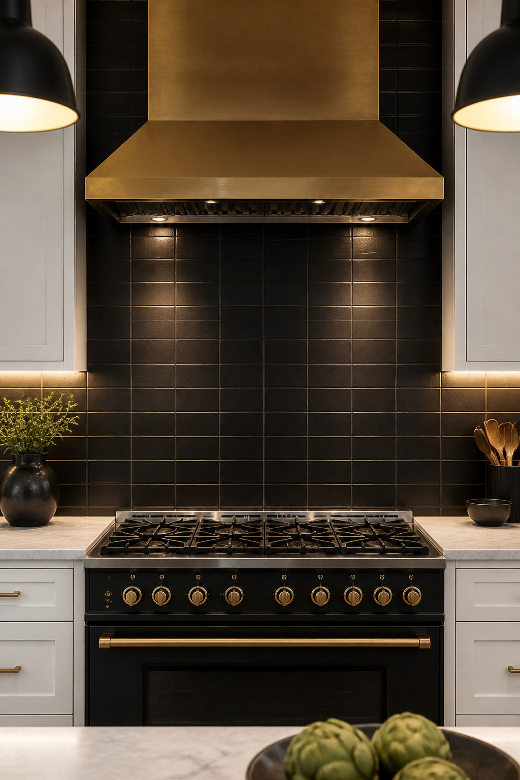 Matte black subway tiles in a vertical stack bond — the aligned grout lines add clean height while the matte surface absorbs light rather than reflecting it.