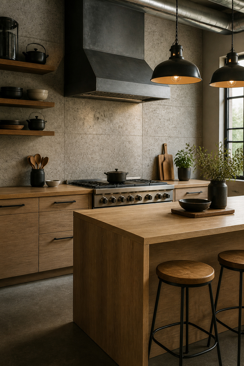 Honed concrete-look porcelain as a kitchen backsplash — the raw industrial quality without the weight or maintenance demands.