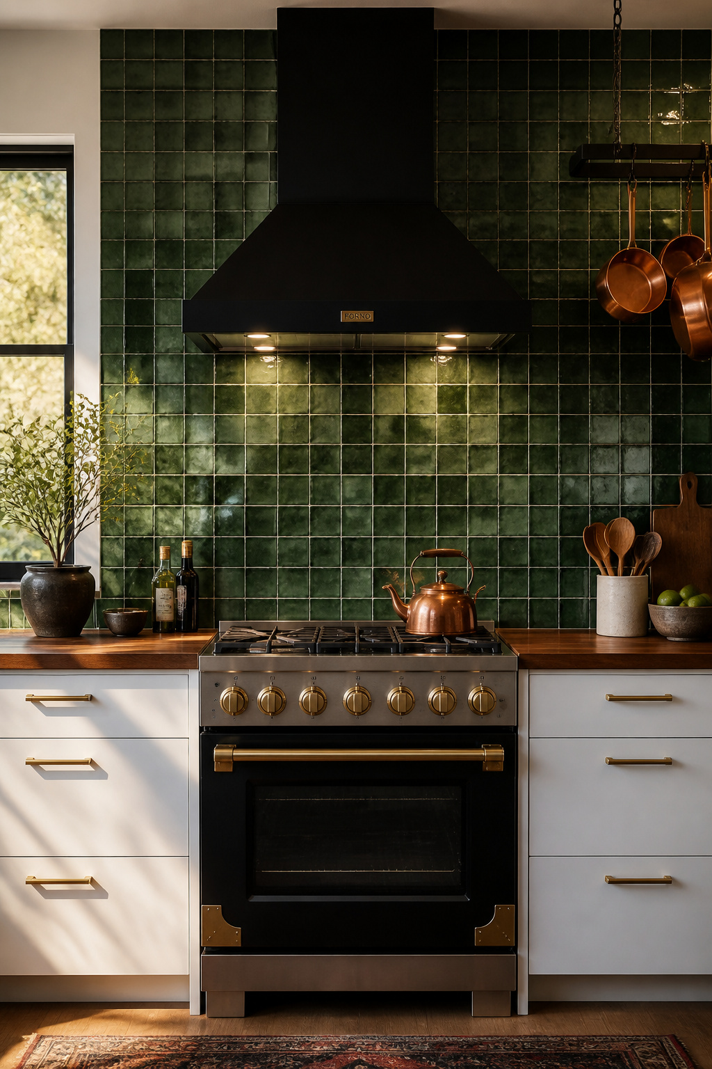 Forest green handpainted zellige tiles as a modern kitchen backsplash at the range surround — the color and surface variation create a focal point that's genuinely irreplaceable.