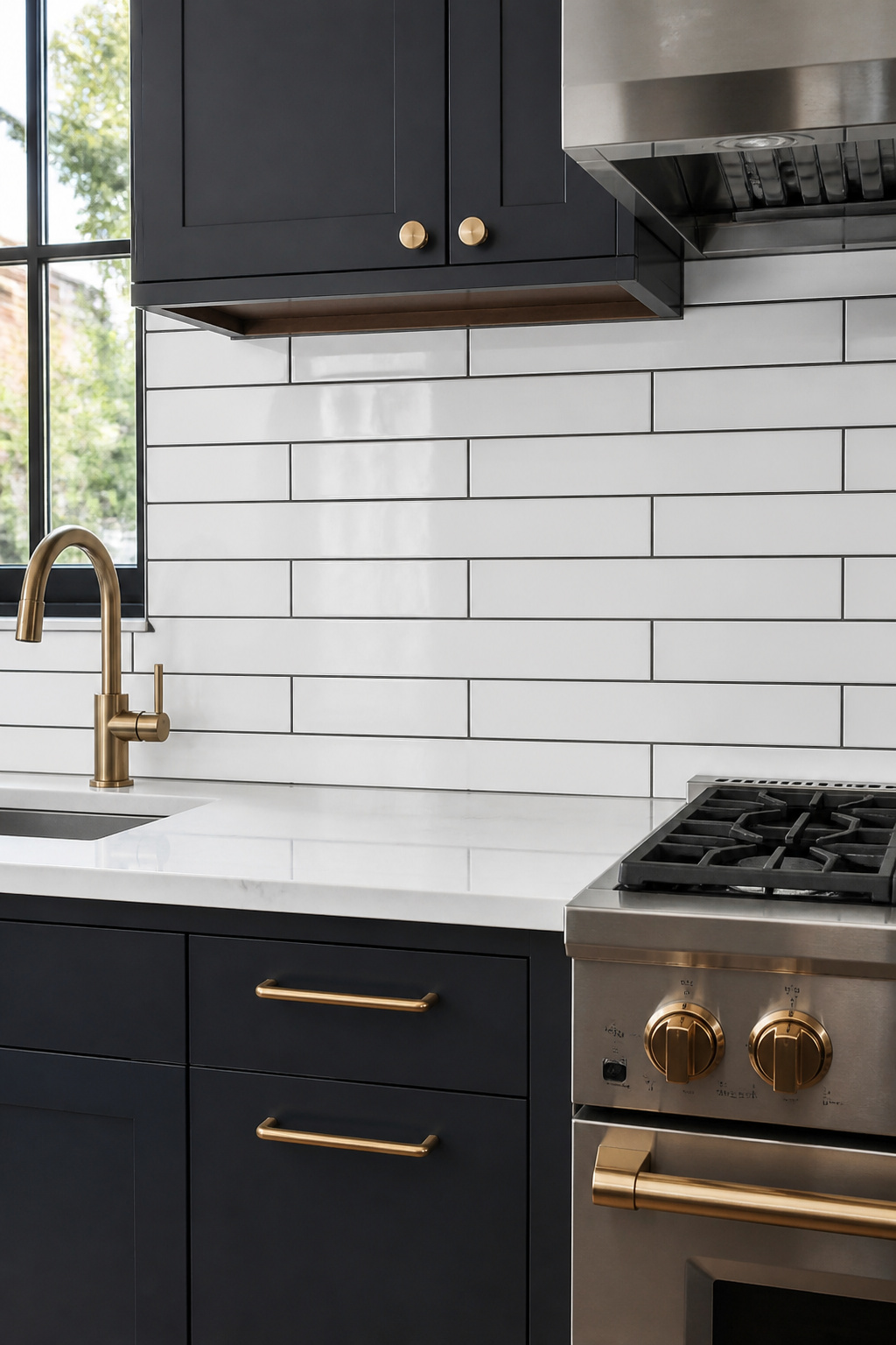 Glossy white elongated subway tiles with dark charcoal grout lines — the contrast makes a simple tile look deliberately graphic and modern.