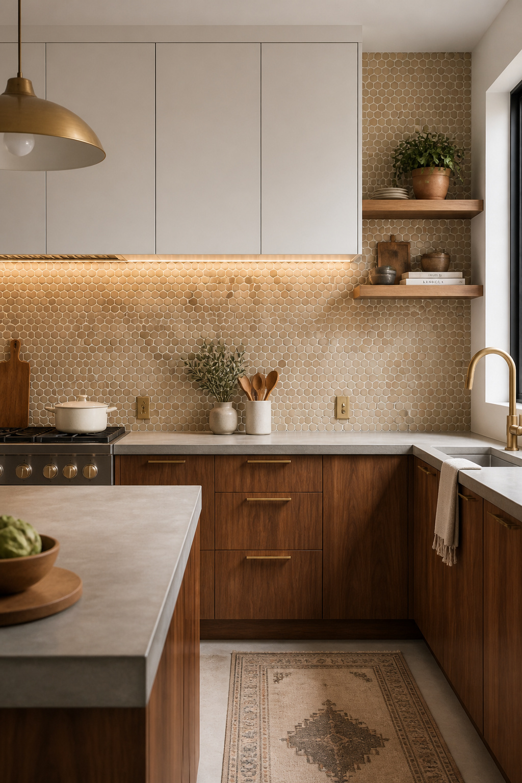 Penny round mosaic tiles in a warm terrazzo palette as a modern kitchen backsplash — small-format circles create a unified soft texture that reads cohesive from across the room.