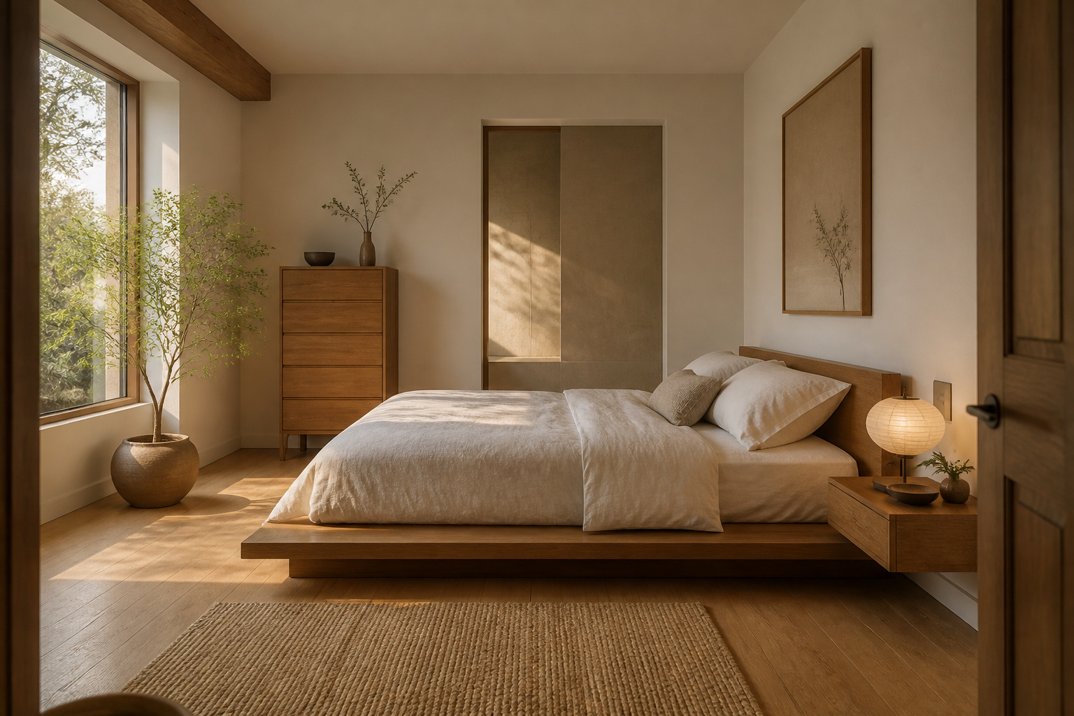 A fully realised minimalist bedroom — a low oak platform bed, floating nightstands, a narrow dresser, and warm natural light. Every piece chosen for what it does rather than what it signals.