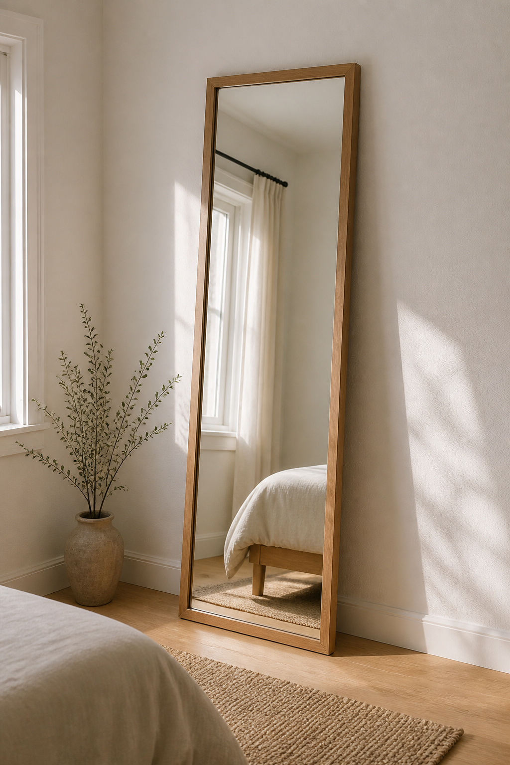 A leaning full-length mirror adds reflected light and visual depth without requiring any wall fixings — clean, moveable, and proportionally significant in a minimalist bedroom.