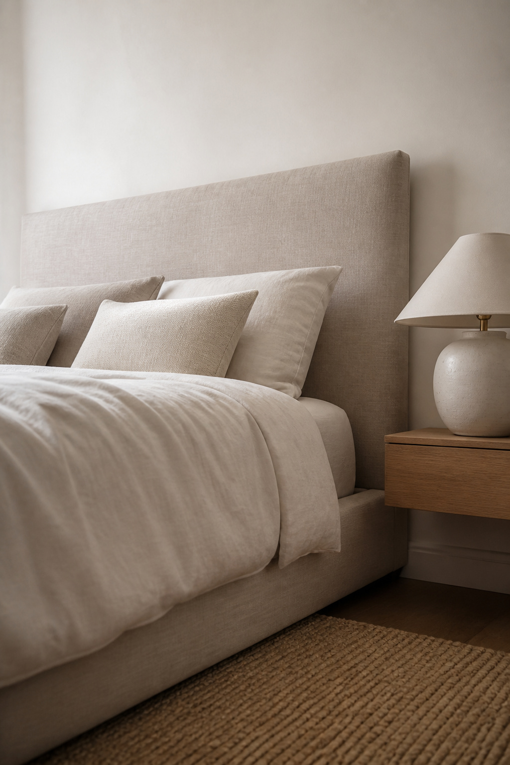 A linen headboard adds acoustic softness and visual warmth to a spare bedroom without occupying any floor space.