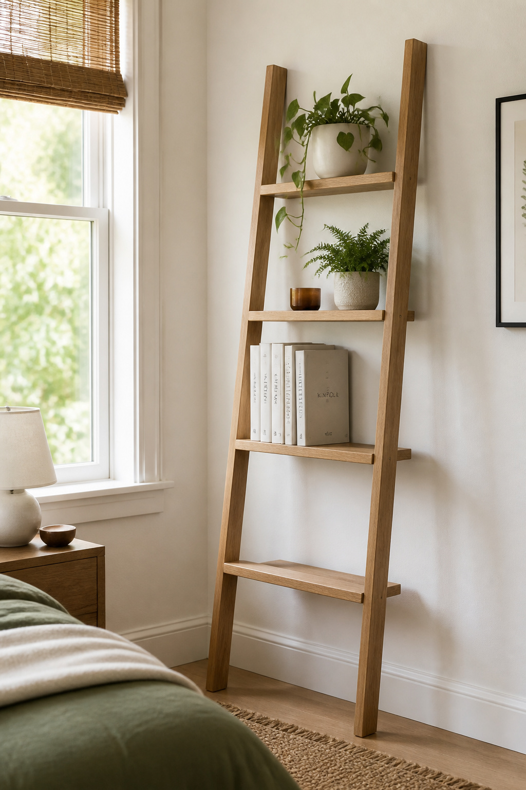 A solid wood ladder shelf brings vertical storage to a minimal bedroom without occupying wall space — the lower two shelves left deliberately empty.