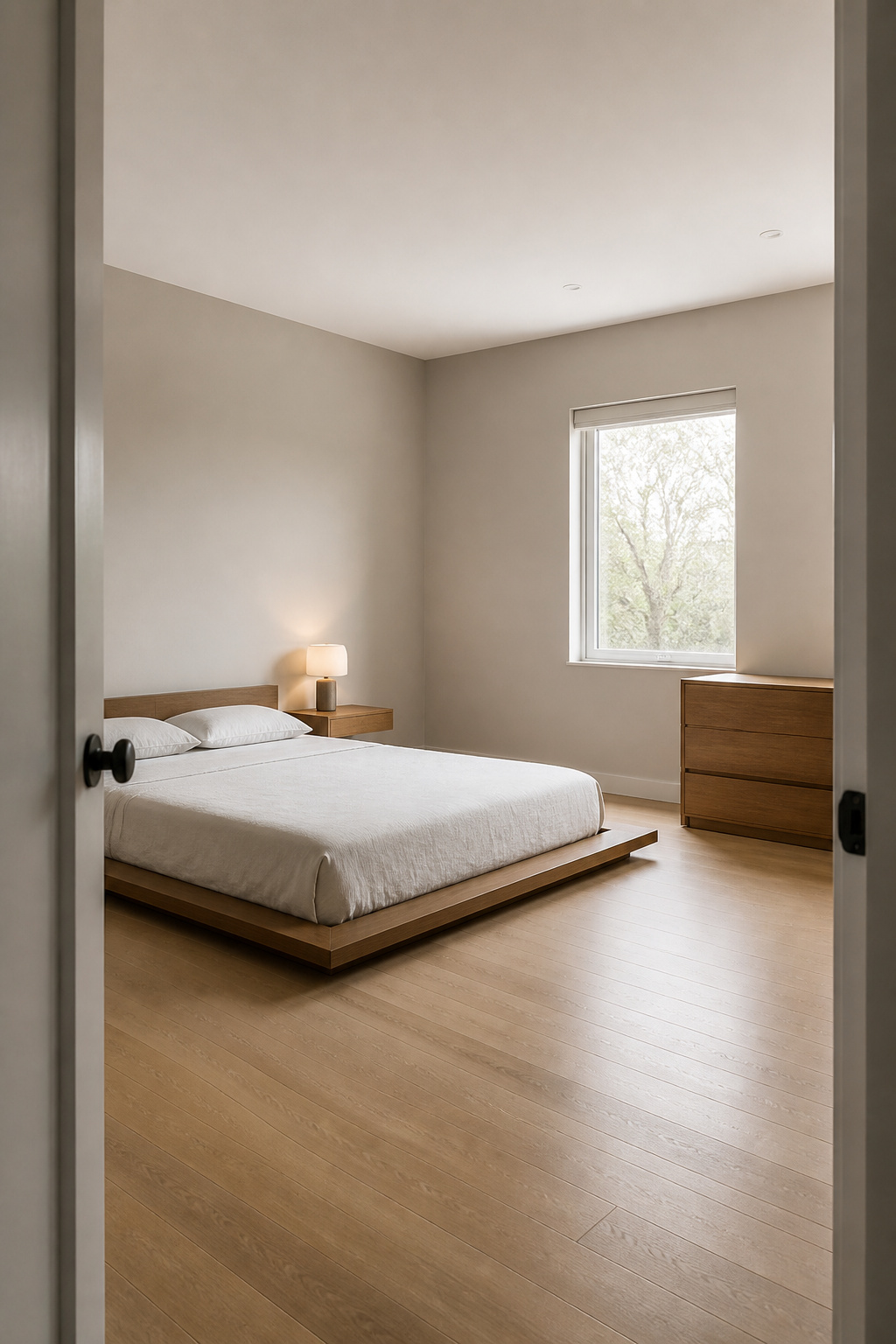 A fully edited minimalist bedroom — each piece present because it's needed, nothing present because it seemed like a good idea at the time.