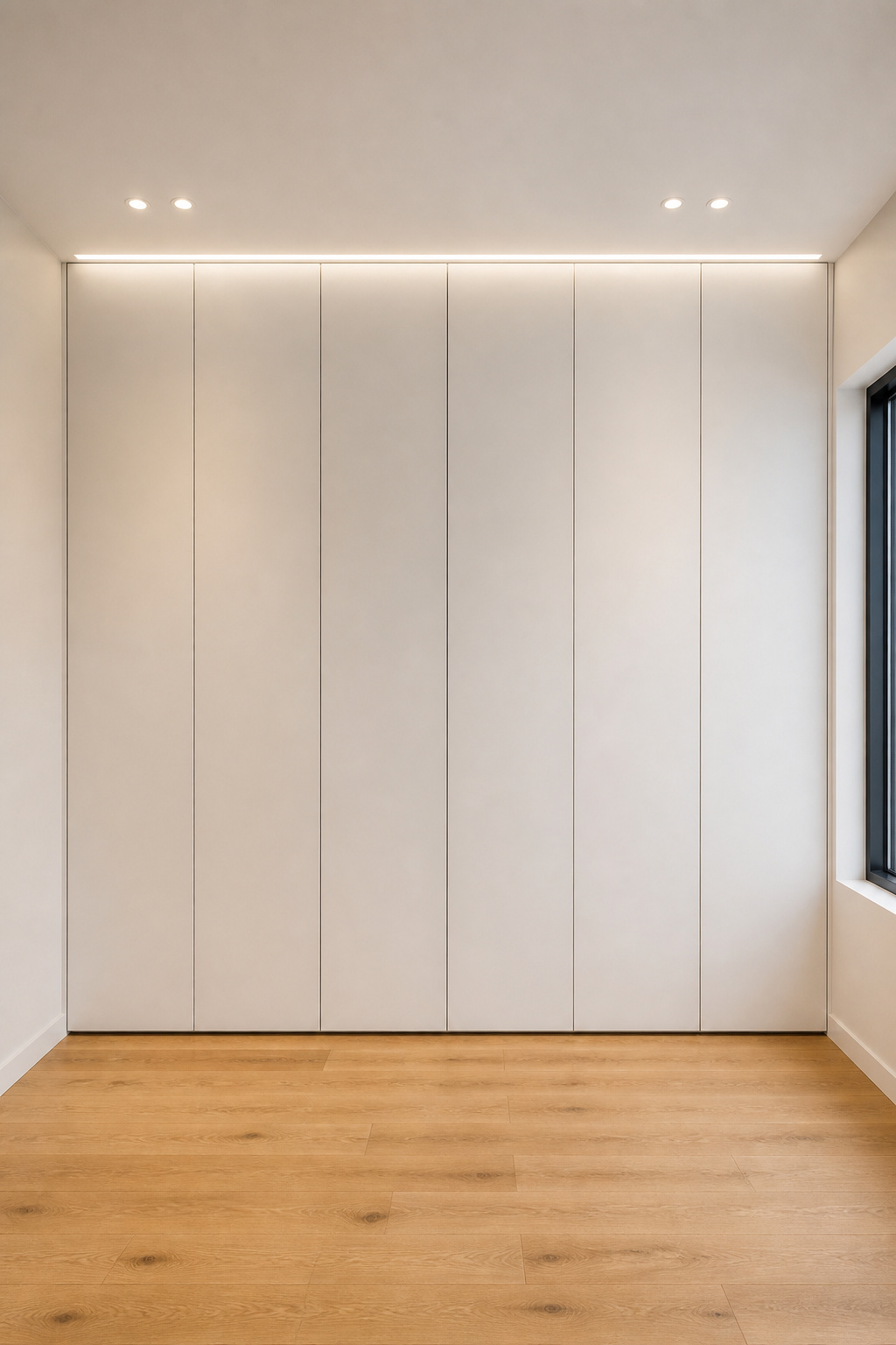 A wall of floor-to-ceiling built-in wardrobes turns storage into architecture — the highest-impact move in a minimalist bedroom furniture plan.