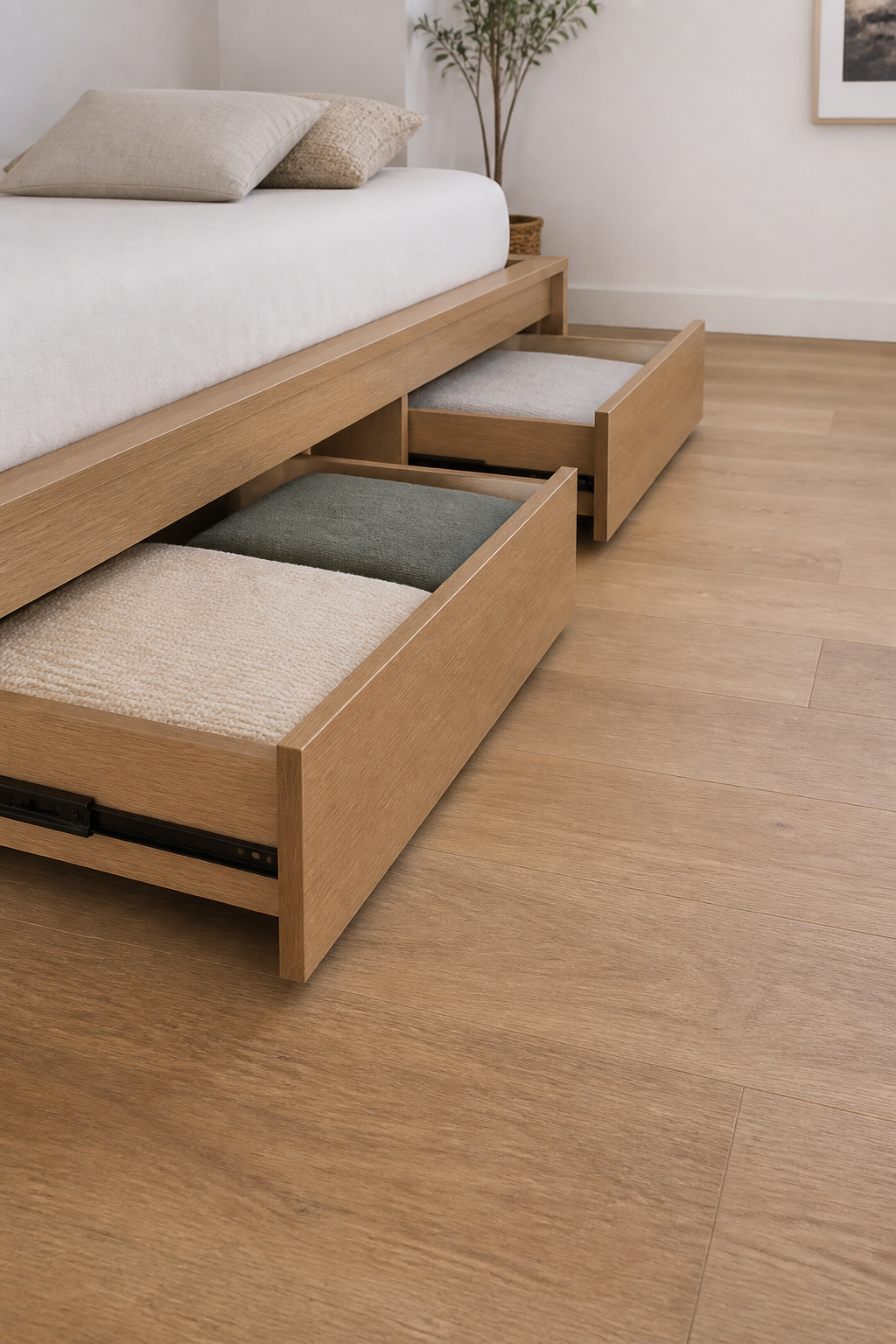 Under-bed storage drawers hide the bulk of spare bedding without adding a single piece of furniture to the room.