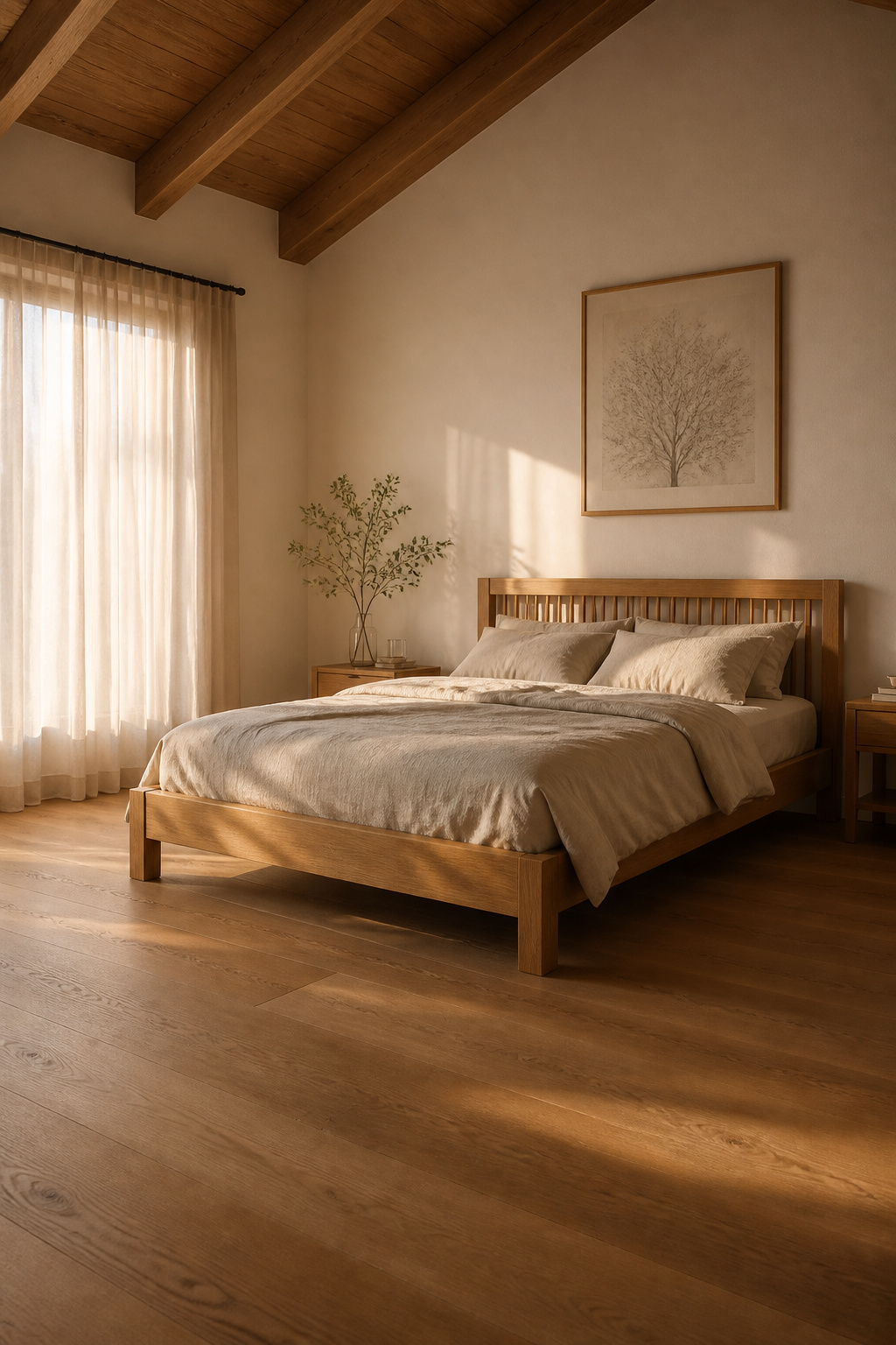 A solid European oak bed frame brings natural warmth and biophilic calm to a minimal bedroom — a material that gets better with age.