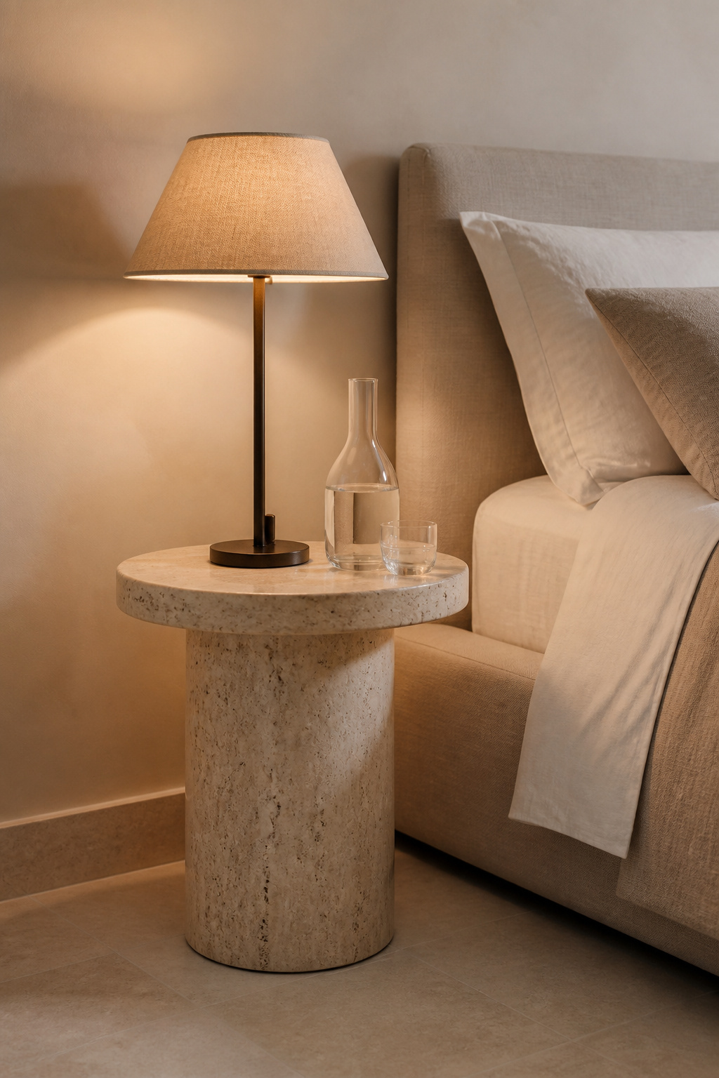 A travertine side table brings natural stone texture to the bedside without any pattern — visual complexity that reads as calm rather than busy.