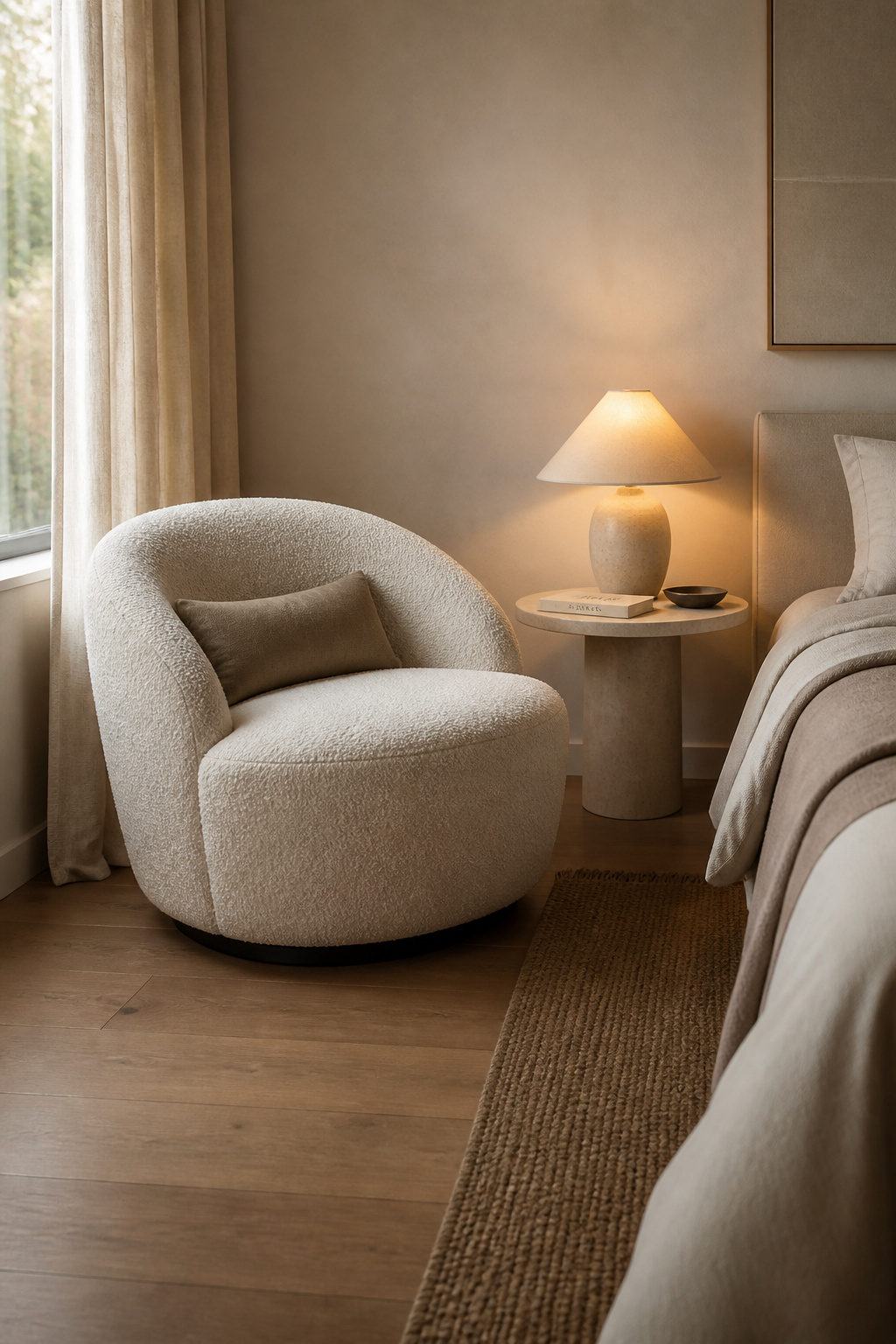 A single accent chair placed diagonally in a corner gives the bedroom a destination beyond sleep without crowding the floor.