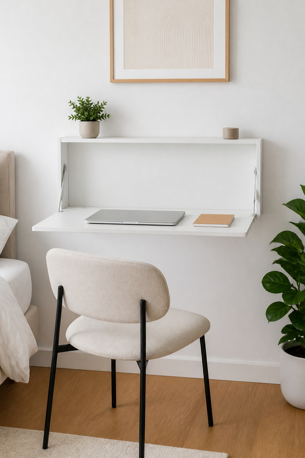 A wall-mounted fold-down desk is the bedroom furniture equivalent of a hidden door — fully functional when needed, visually absent the rest of the time.