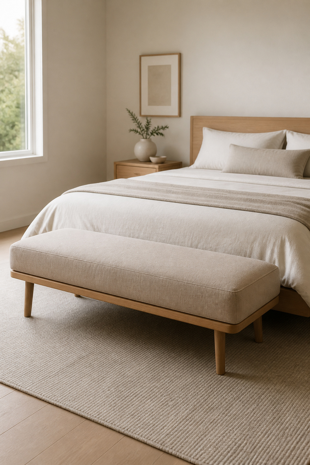 A low bench at the foot of the bed serves as seating, clothing station, and visual anchor — one piece earning multiple functions.