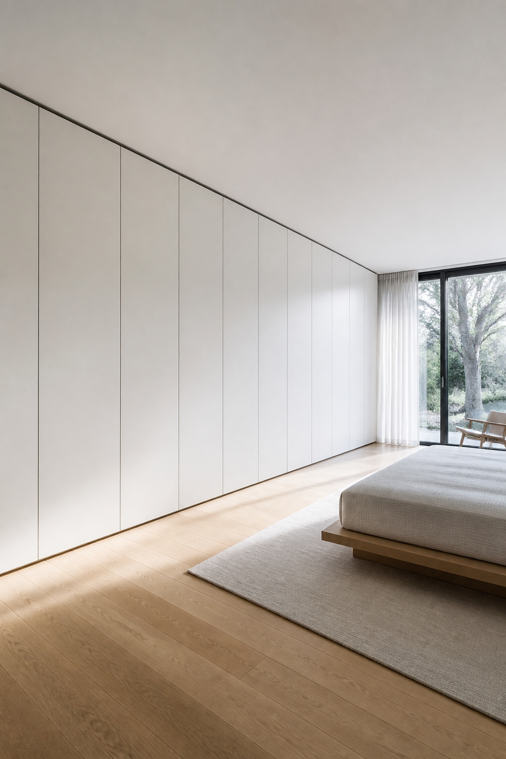 A handleless cabinet system spanning a full wall reads as architecture rather than furniture — the defining characteristic of a truly resolved minimalist bedroom scheme.