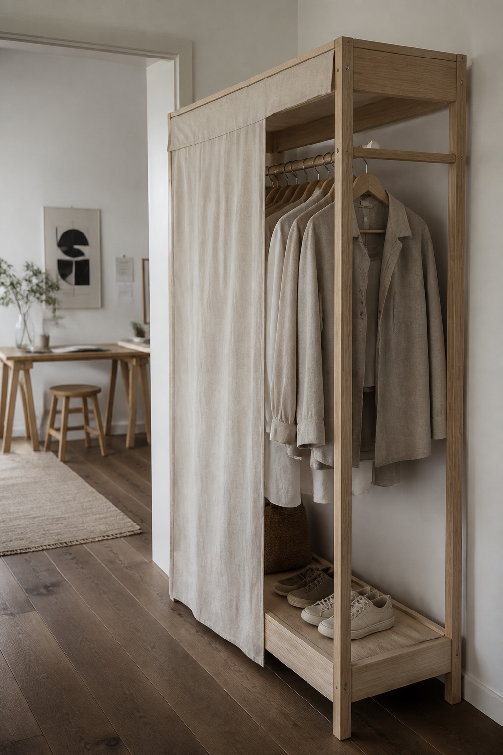 An open-frame wardrobe with a canvas cover works in spaces where fitted joinery isn't possible — flexible and minimal enough for a pared-back bedroom.
