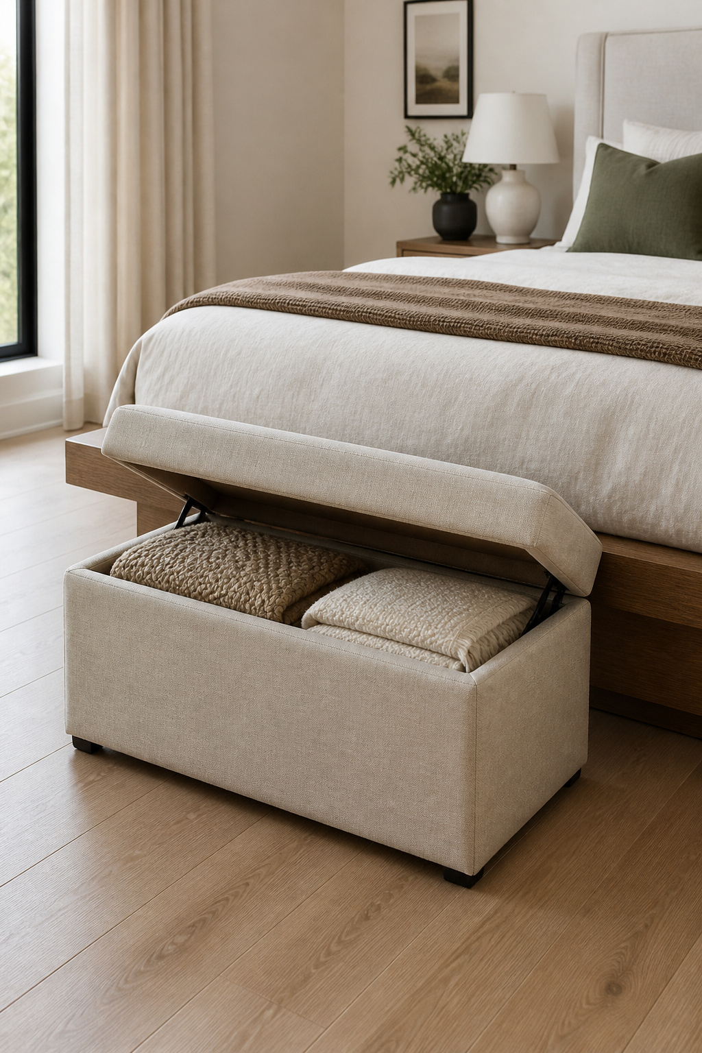 A low linen ottoman at the foot of the bed earns its place every day — not just as storage but as a landing spot for the small daily rituals of undressing and preparing for rest.