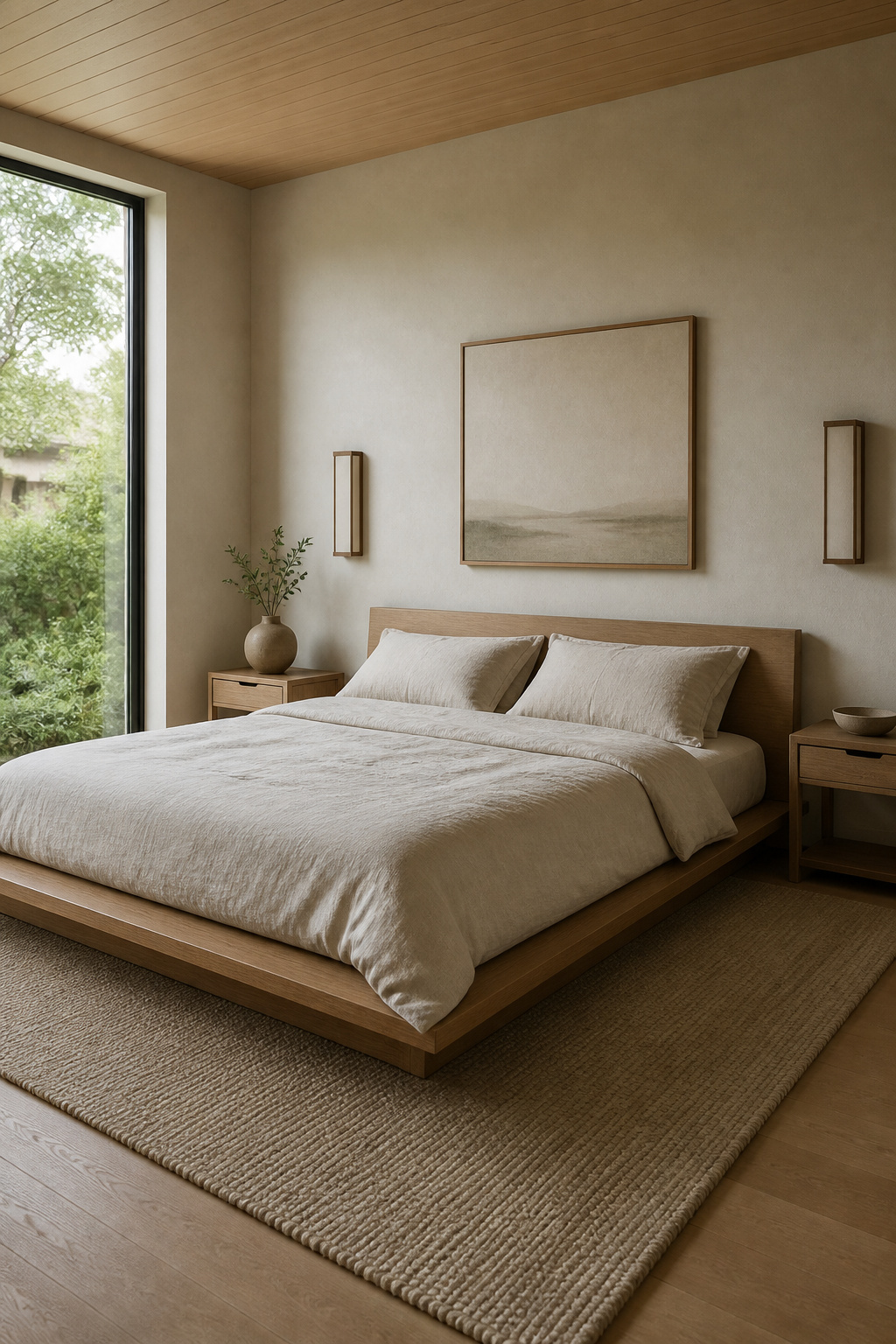 A low-profile oak platform bed anchors the room close to the floor, creating the visual spaciousness that defines well-executed minimalist bedroom furniture.