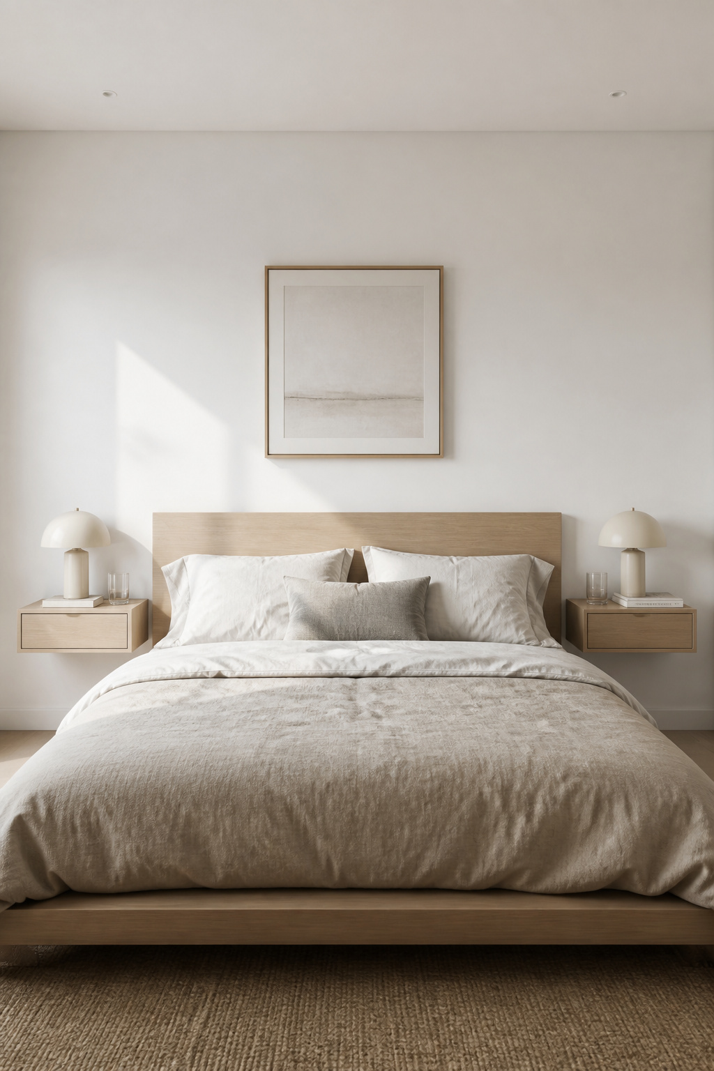 Floating nightstands keep the floor visible and interrupt nothing below eye level — one of the simplest moves in a minimalist bedroom furniture plan.