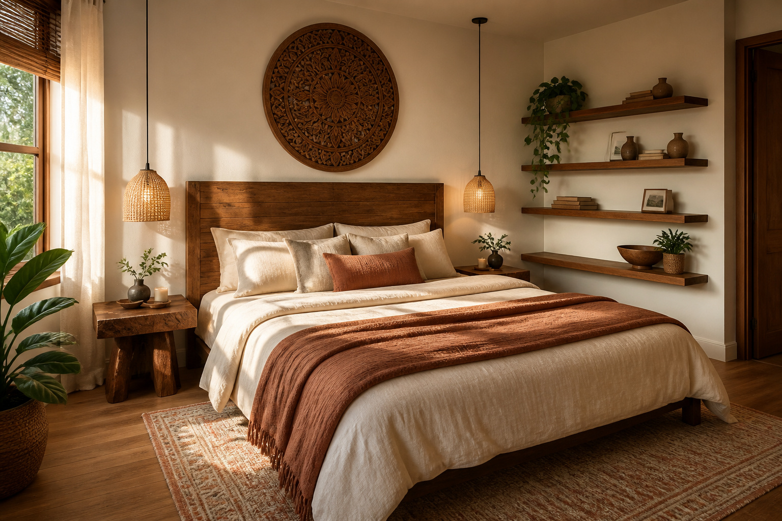 A bedroom layered with reclaimed wood, walnut shelving, and carved wall art shows how natural wood elements build warmth and character when tones and scales are chosen with care.