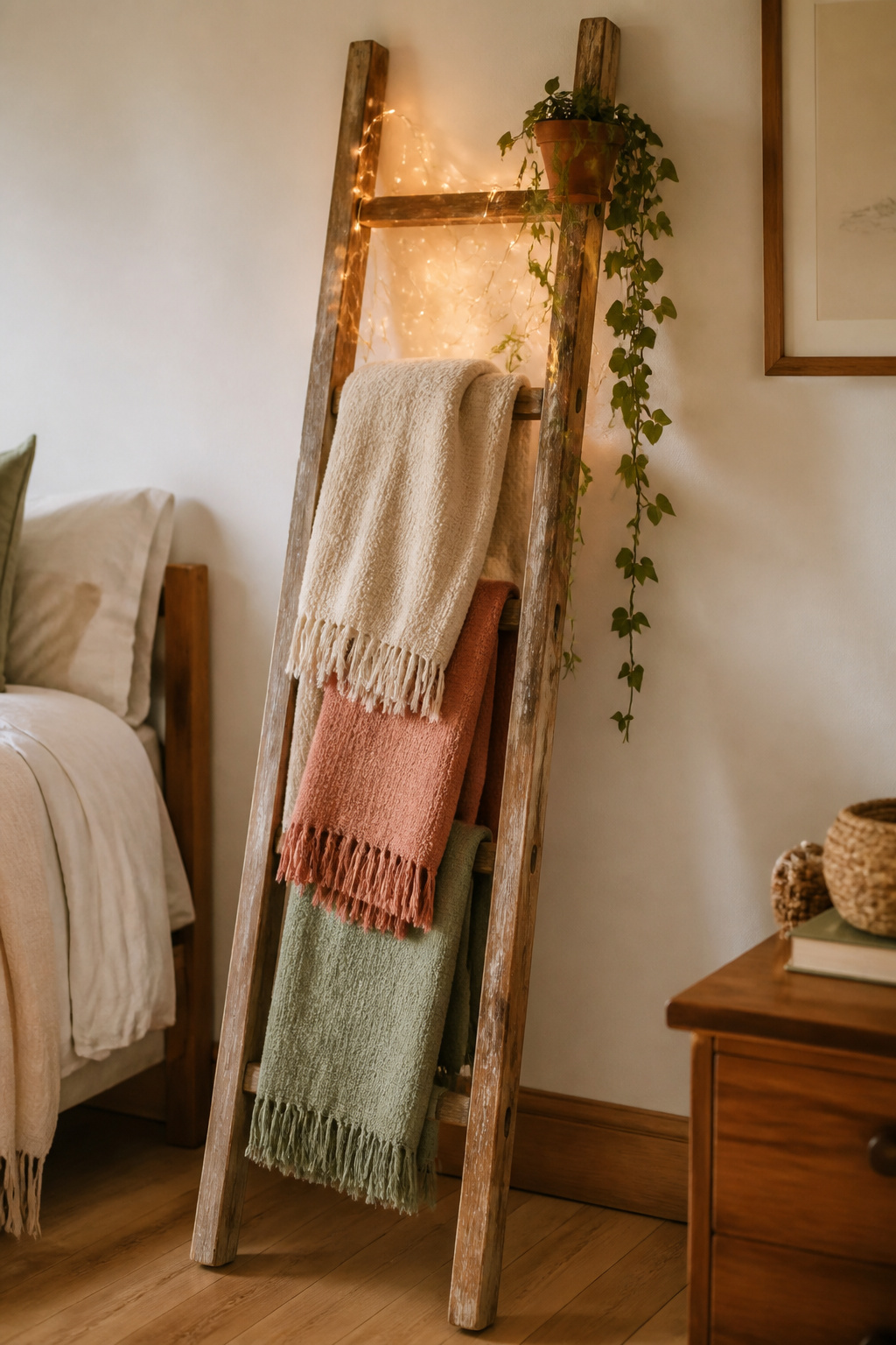 A vintage wood ladder leans as a display piece for throws and plants, adding vertical warmth to a bedroom without a single drill hole.